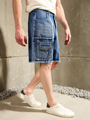 Men Blue Washed Denim Zipper Pocket Shorts-MSSHOR90085