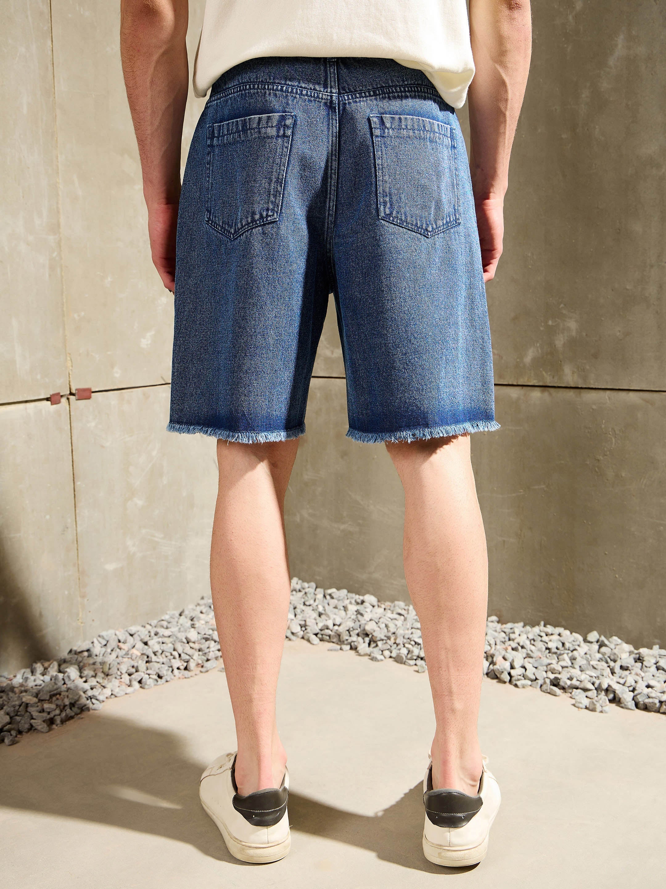 Men Blue Washed Denim Zipper Pocket Shorts-MSSHOR90085