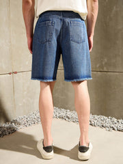 Men Blue Washed Denim Zipper Pocket Shorts-MSSHOR90085