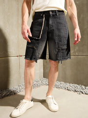 Men Black Washed Denim Zipper Pocket Shorts-MSSHOR90086