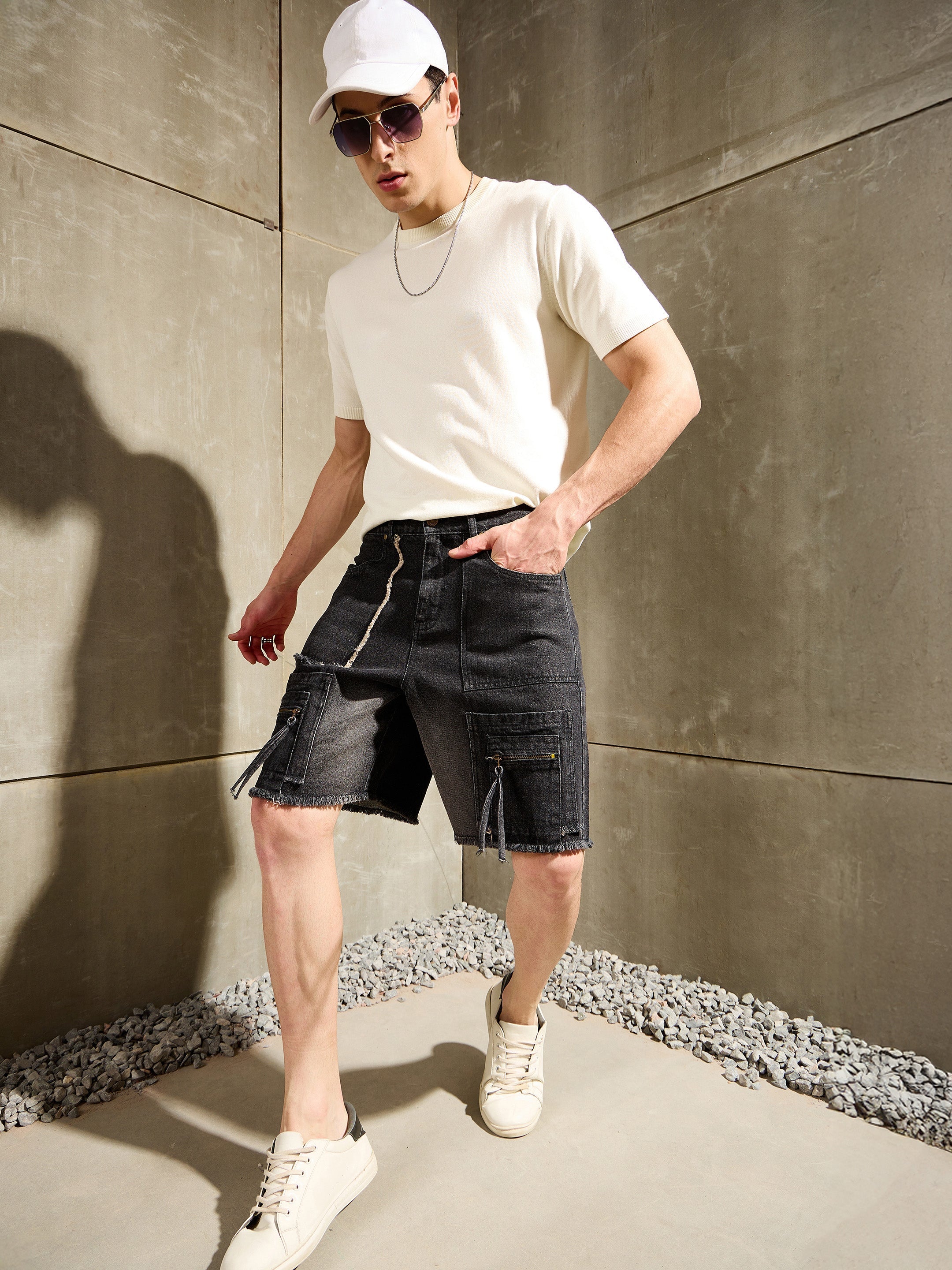 Men Black Washed Denim Zipper Pocket Shorts-MSSHOR90086