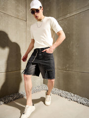 Men Black Washed Denim Zipper Pocket Shorts-MSSHOR90086