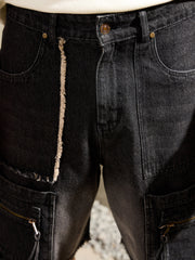 Men Black Washed Denim Zipper Pocket Shorts-MSSHOR90086