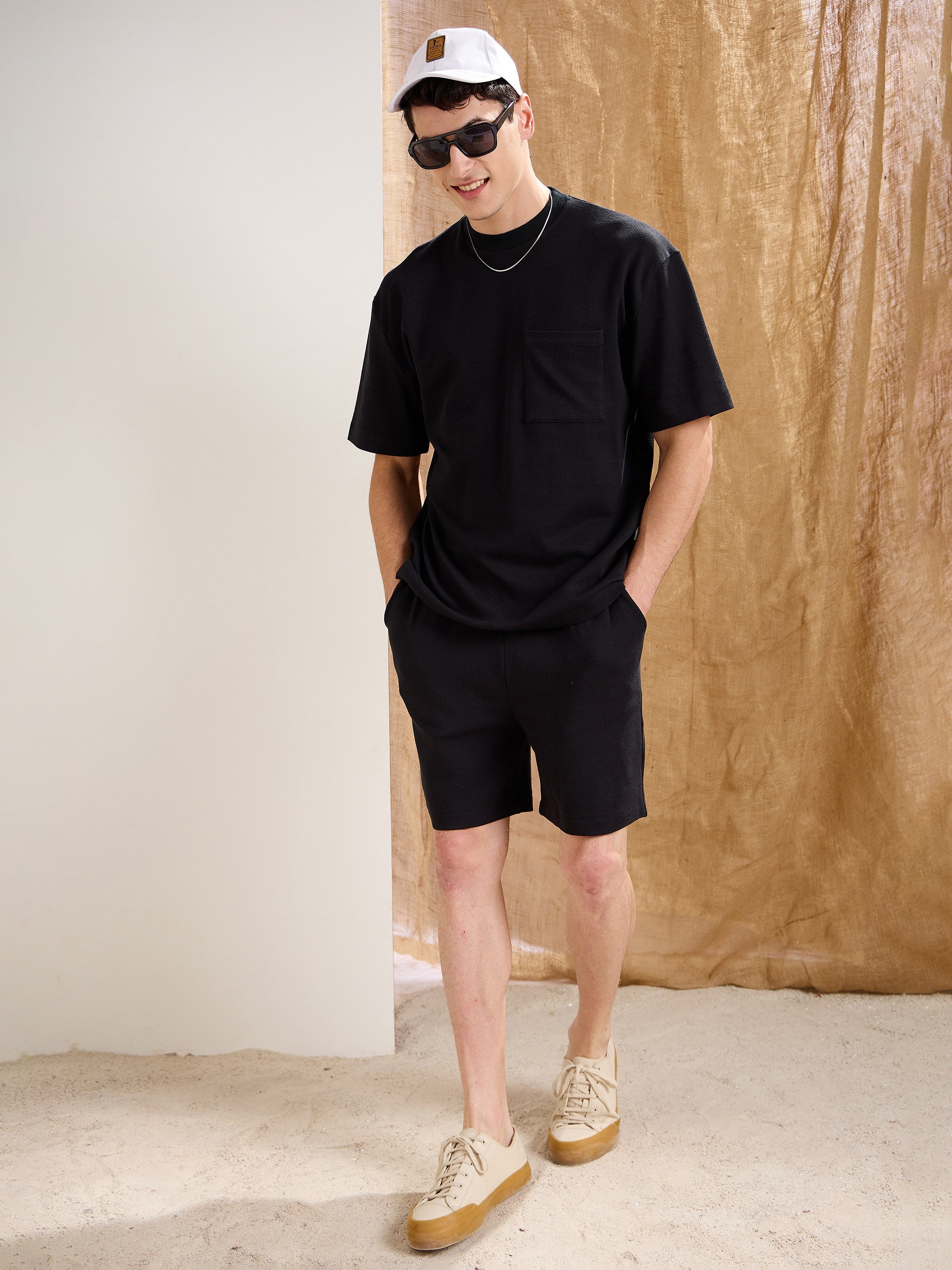 Men Black Waffle Relax Fit Shorts-MSSHOR90088
