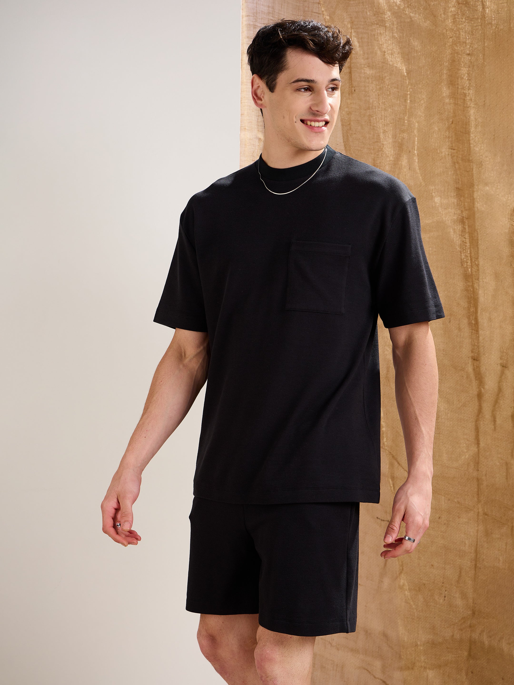 Men Black Waffle Relax Fit Shorts-MSSHOR90088