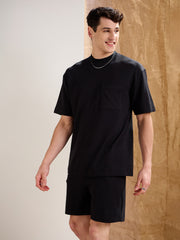 Men Black Waffle Relax Fit Shorts-MSSHOR90088