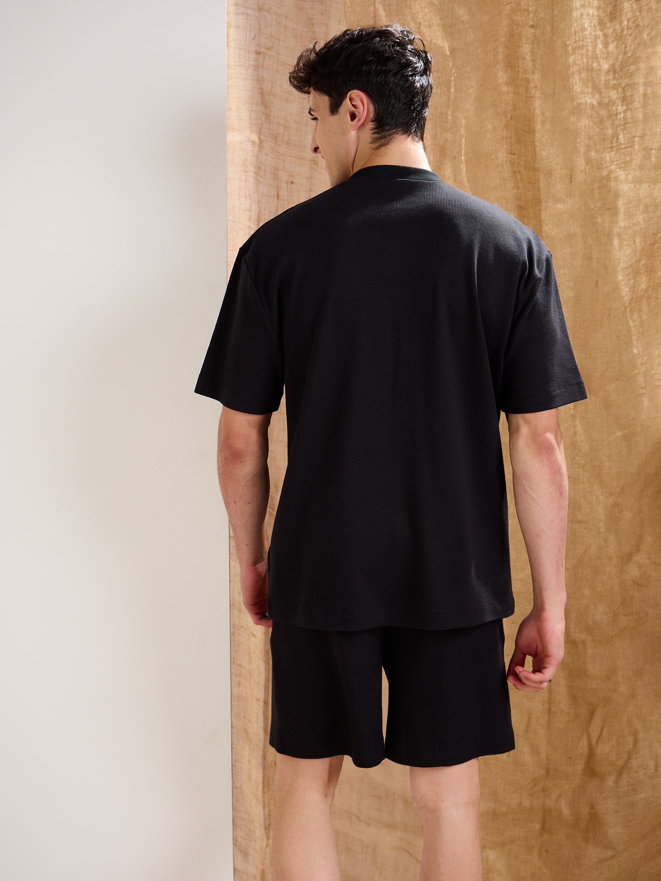 Men Black Waffle Relax Fit Shorts-MSSHOR90088
