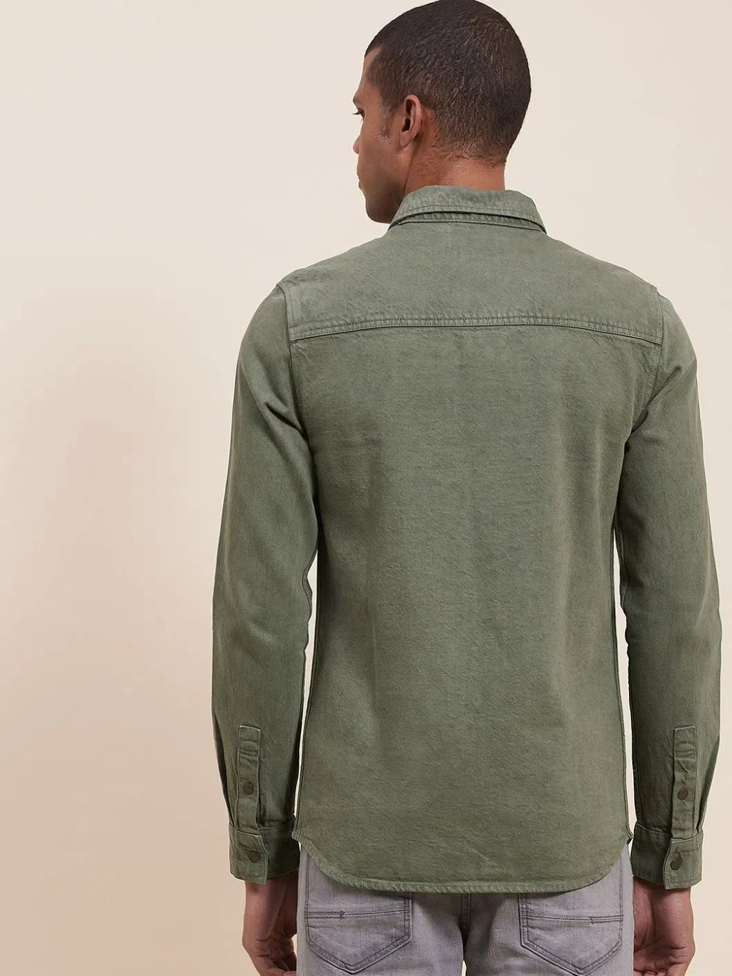 Olive Denim Jacket Shirt for Men - Casual Cotton