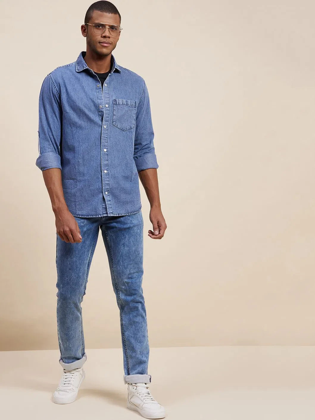 Men's Navy Tencel Elbow Patch Shirt | Modern Style