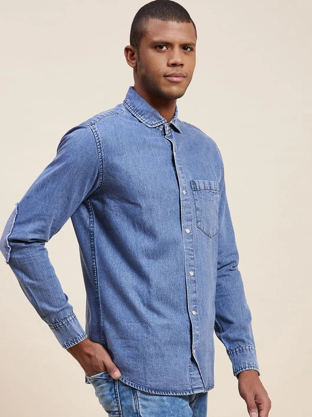 Men's Navy Tencel Elbow Patch Shirt | Modern Style