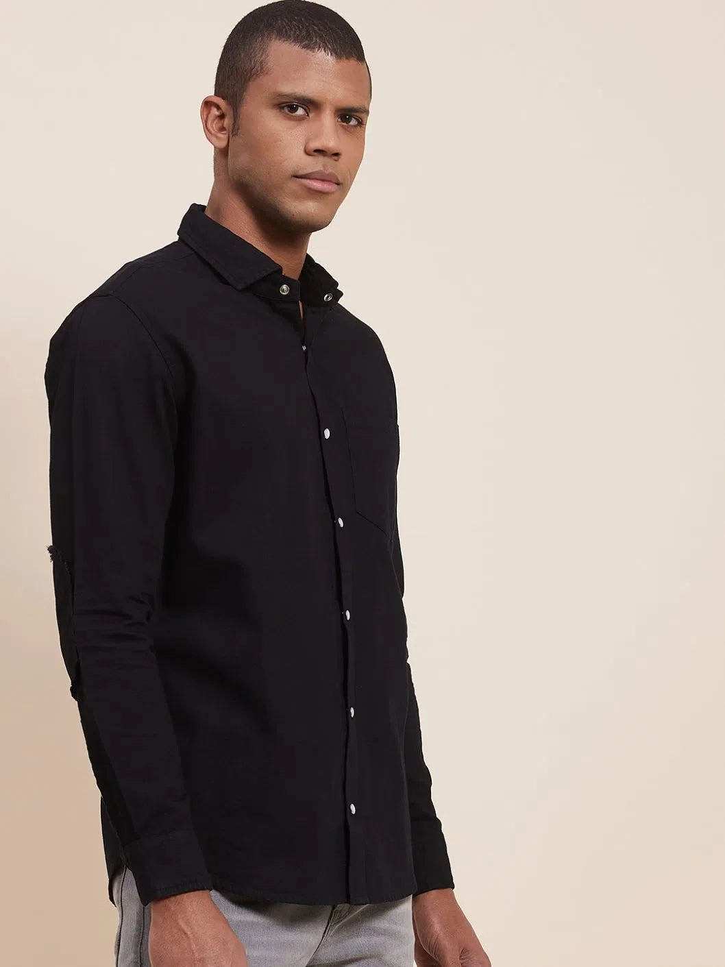 Men's Black Tencel Elbow Patch Shirt | Mens Shirt
