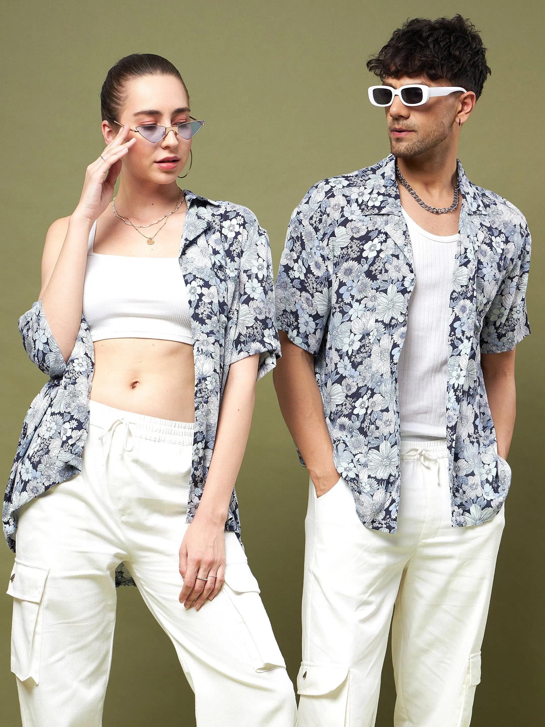 White & Blue Floral Print Relax Fit Shirt - Men's Casual Shirts