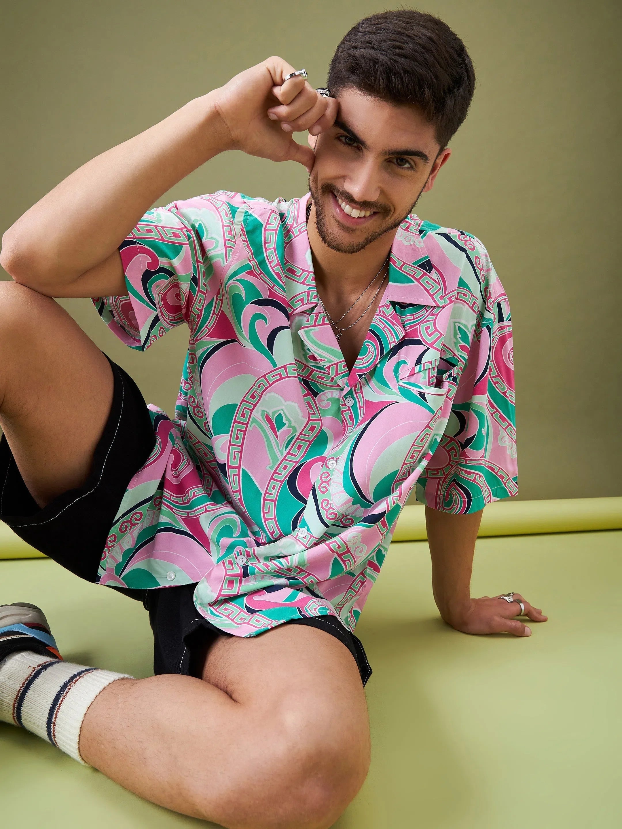 Tropical Mens Shirt: Pink & Green Floral Printed Shirt | Shop Now