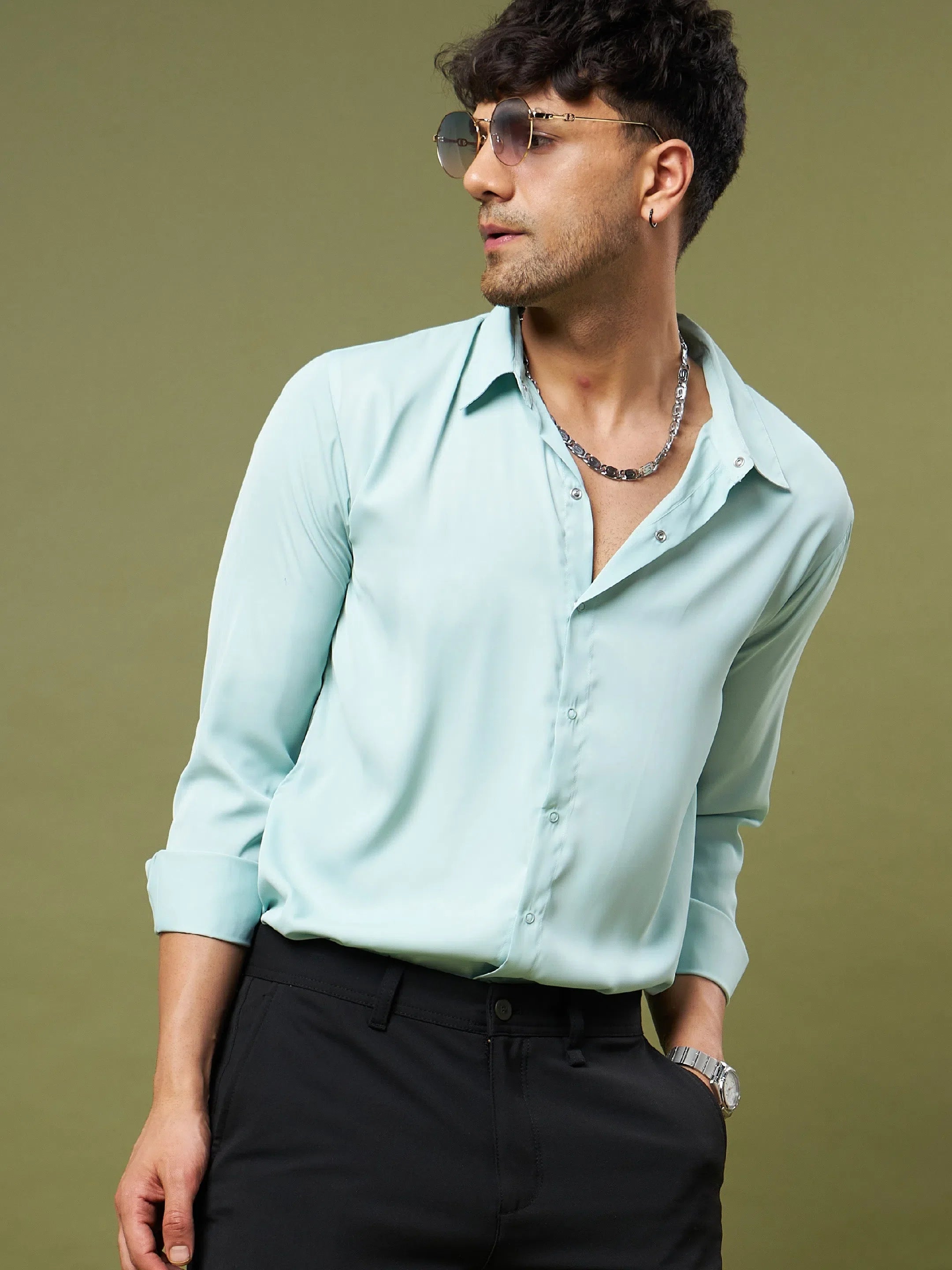 Mint Green Satin Relax Fit Shirt - Men's Casual Shirts