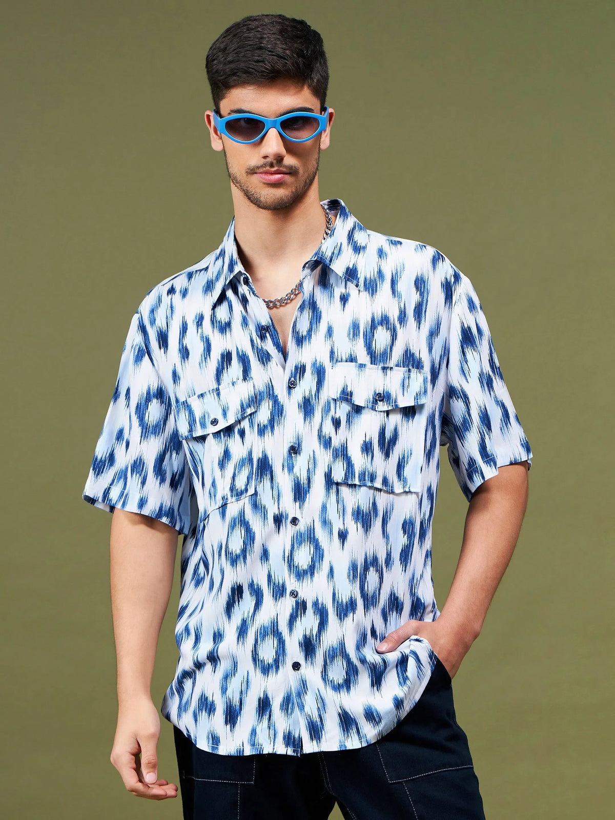 Unisex Navy & White Animal Print Relax Fit Shirt
