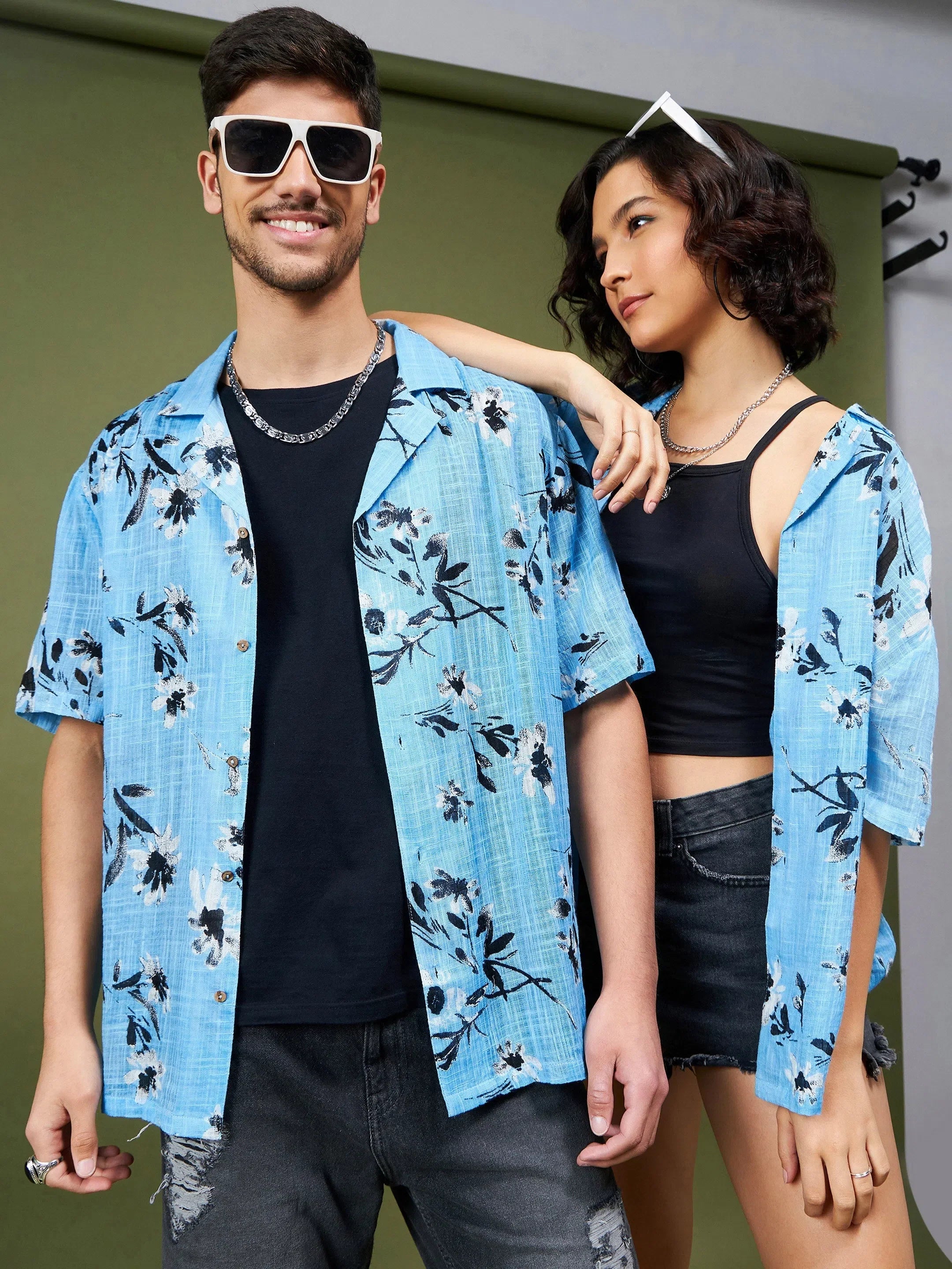 Floral Printed Shirt - Sea Green & Black Relaxed Fit Mens Shirt