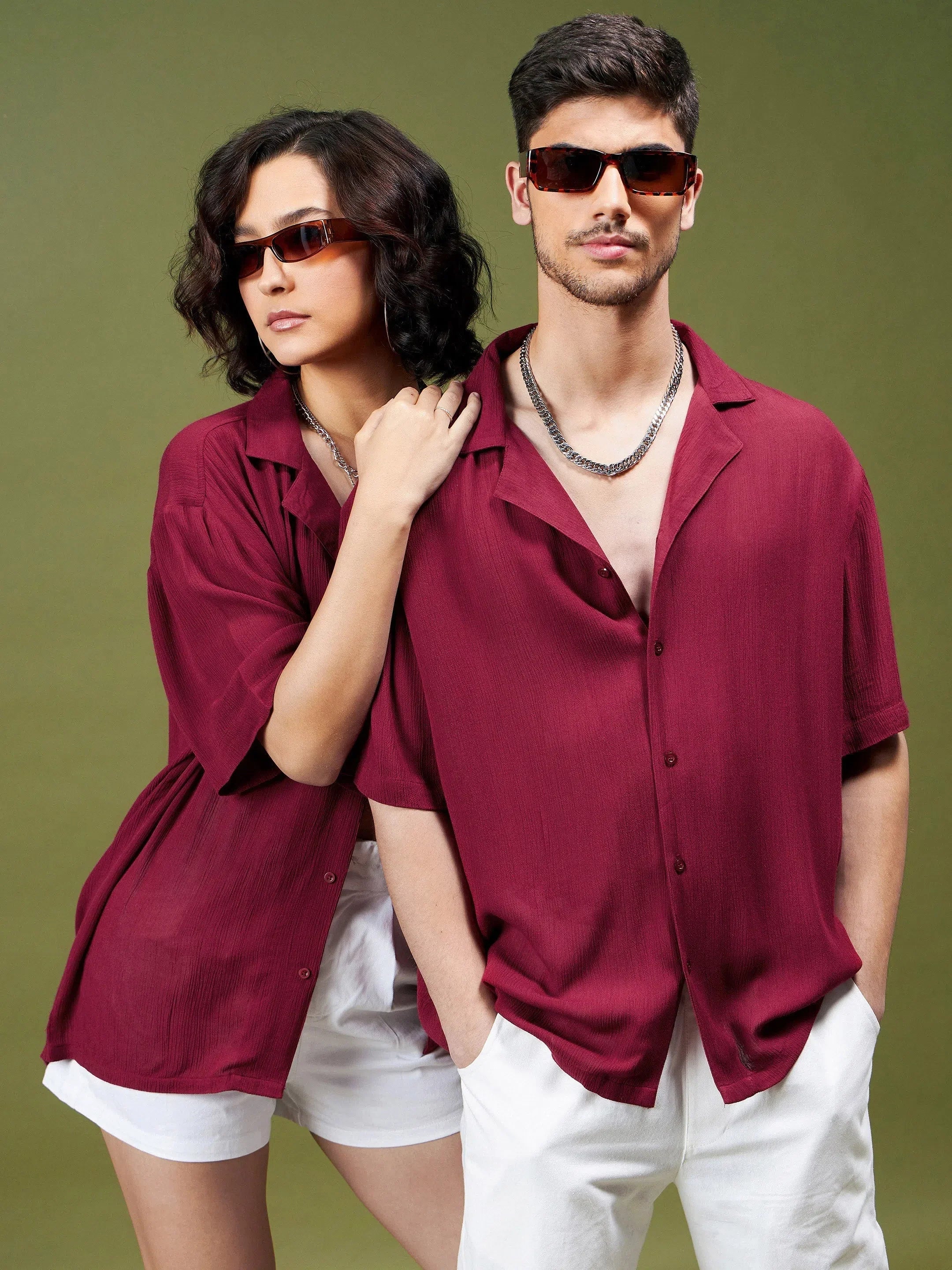 Maroon Solid Relaxed Fit Mens Shirt - Crinkled Rayon Fabric