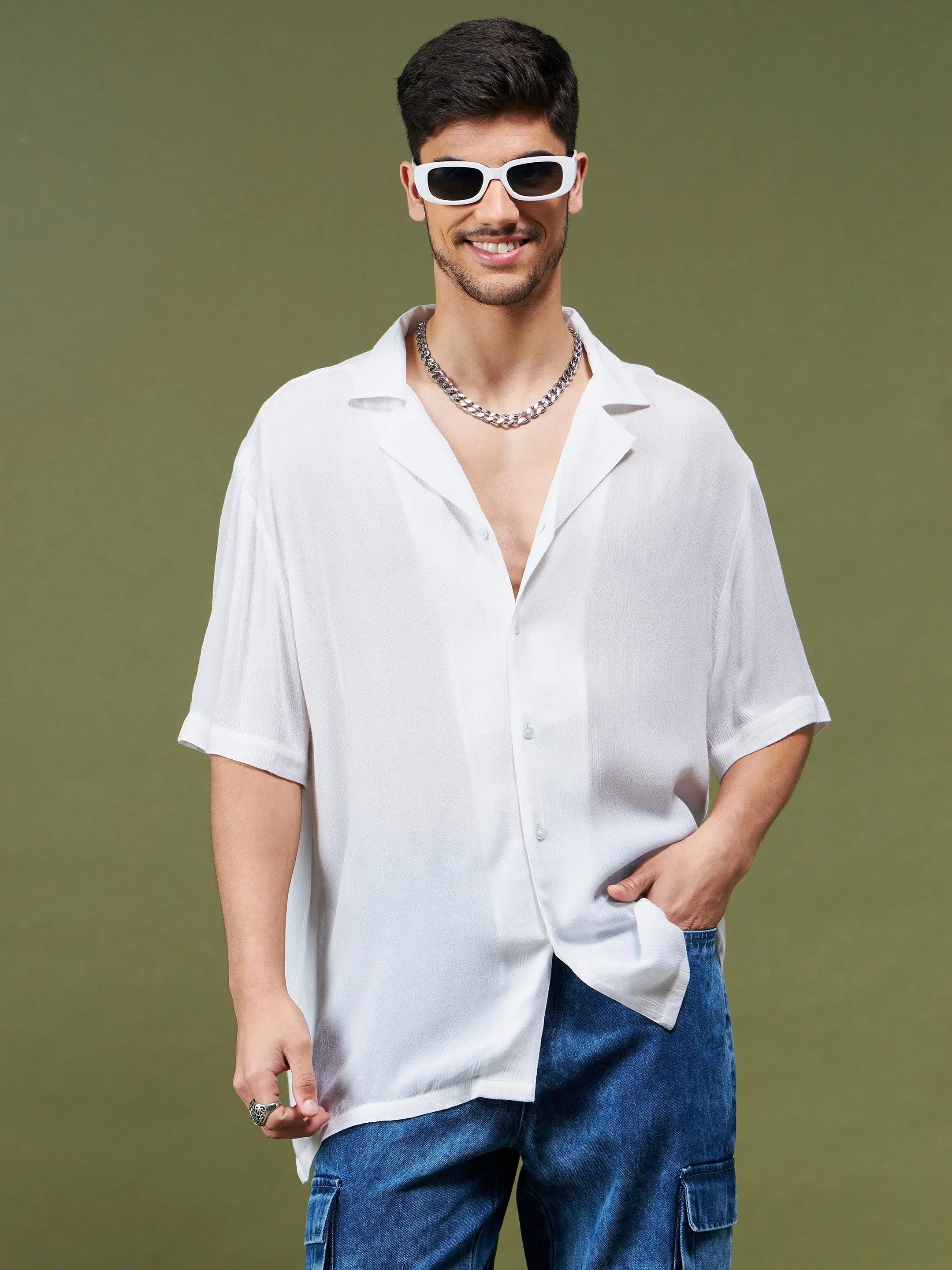 Unisex White Relax Fit Mens Shirt in Semi-Sheer Rayon Fabric