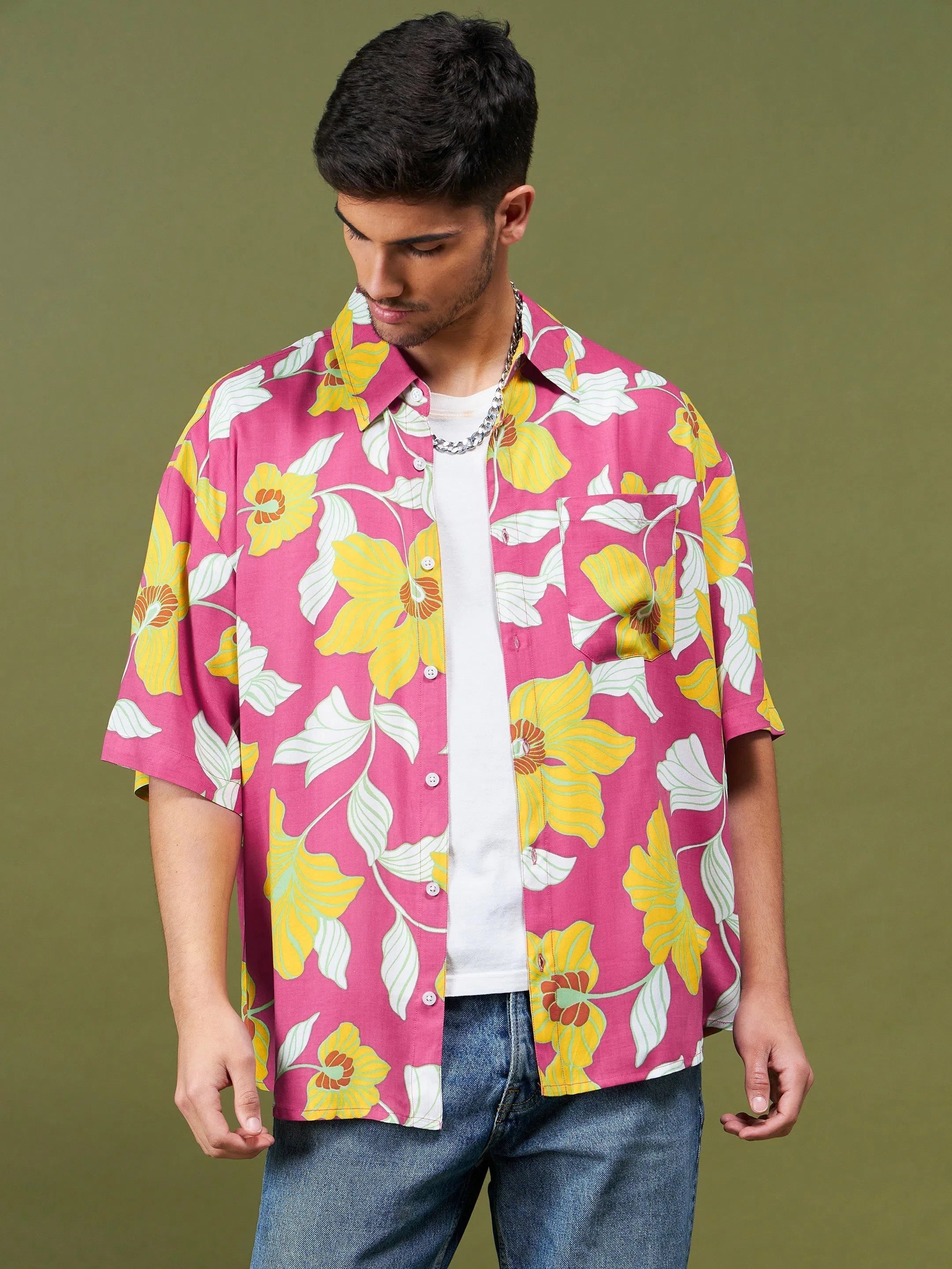 Fuchsia Tropical Oversized Shirt | Men's Printed Shirt