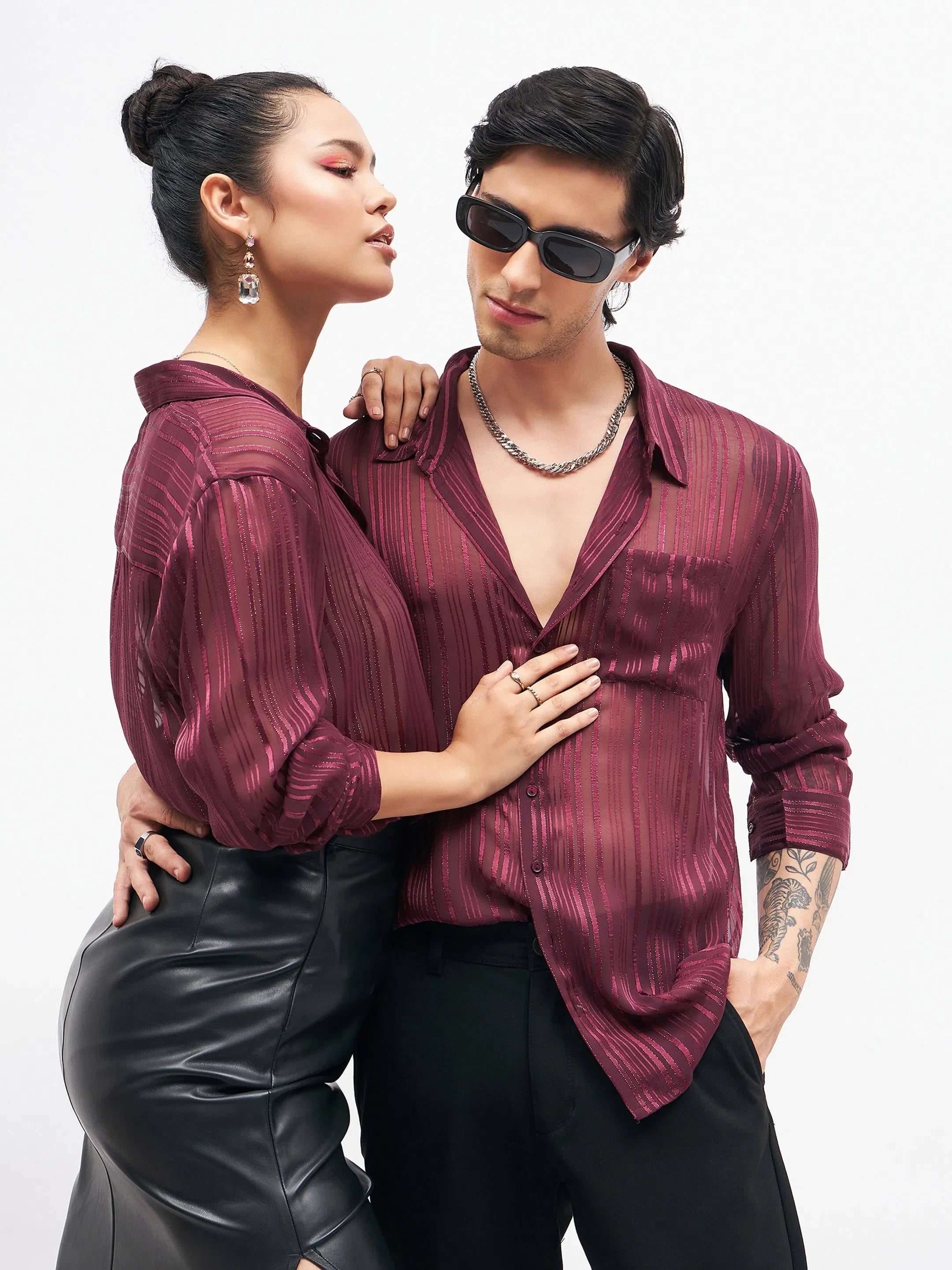 Maroon Lurex Party Shirt | Unisex Relax Fit Designer Lehenga Look