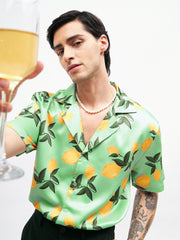 Men Green Tropical Short Sleeves Satin Shirt-MSSHRT20185