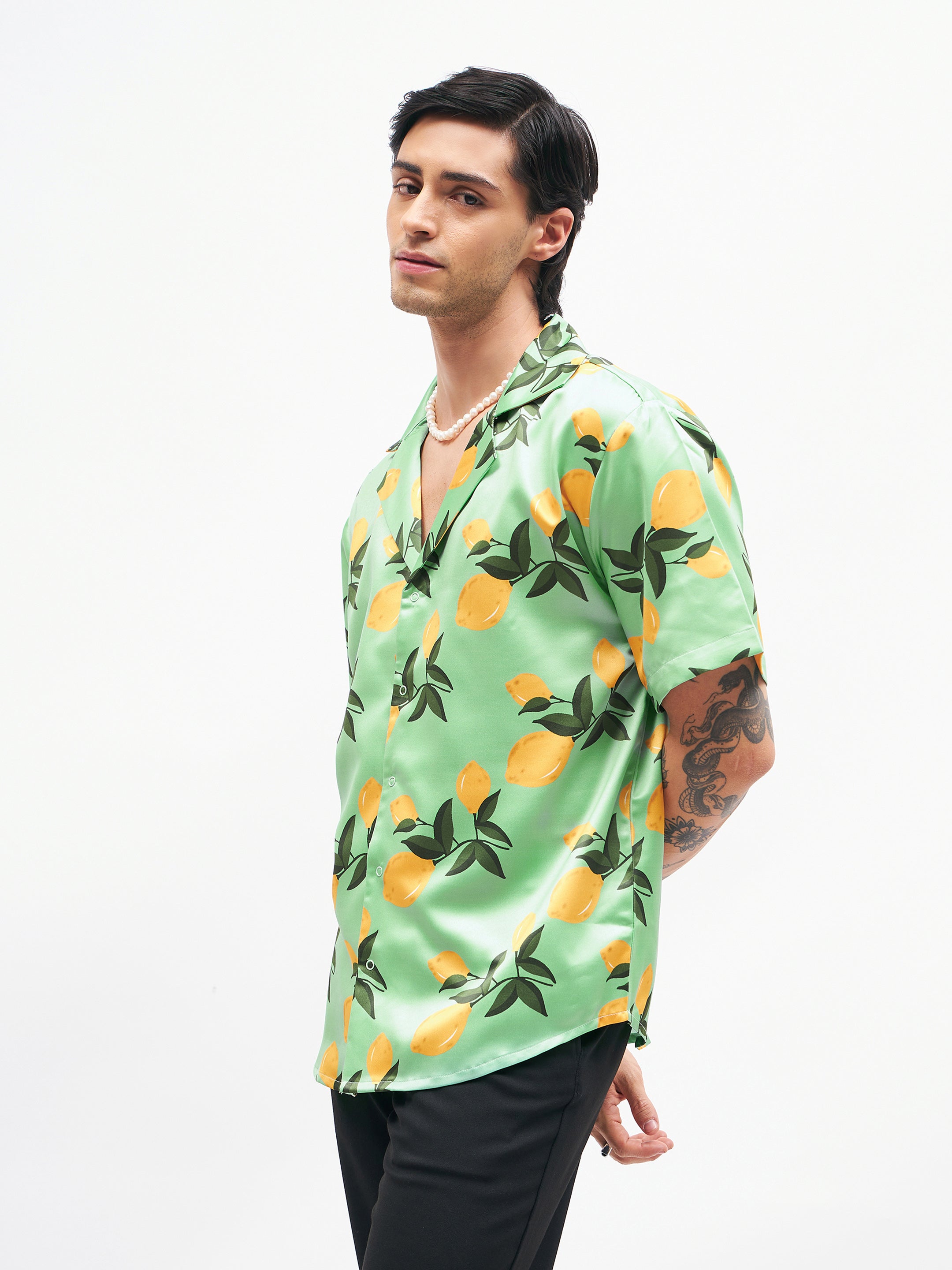 Men Green Tropical Short Sleeves Satin Shirt-MSSHRT20185