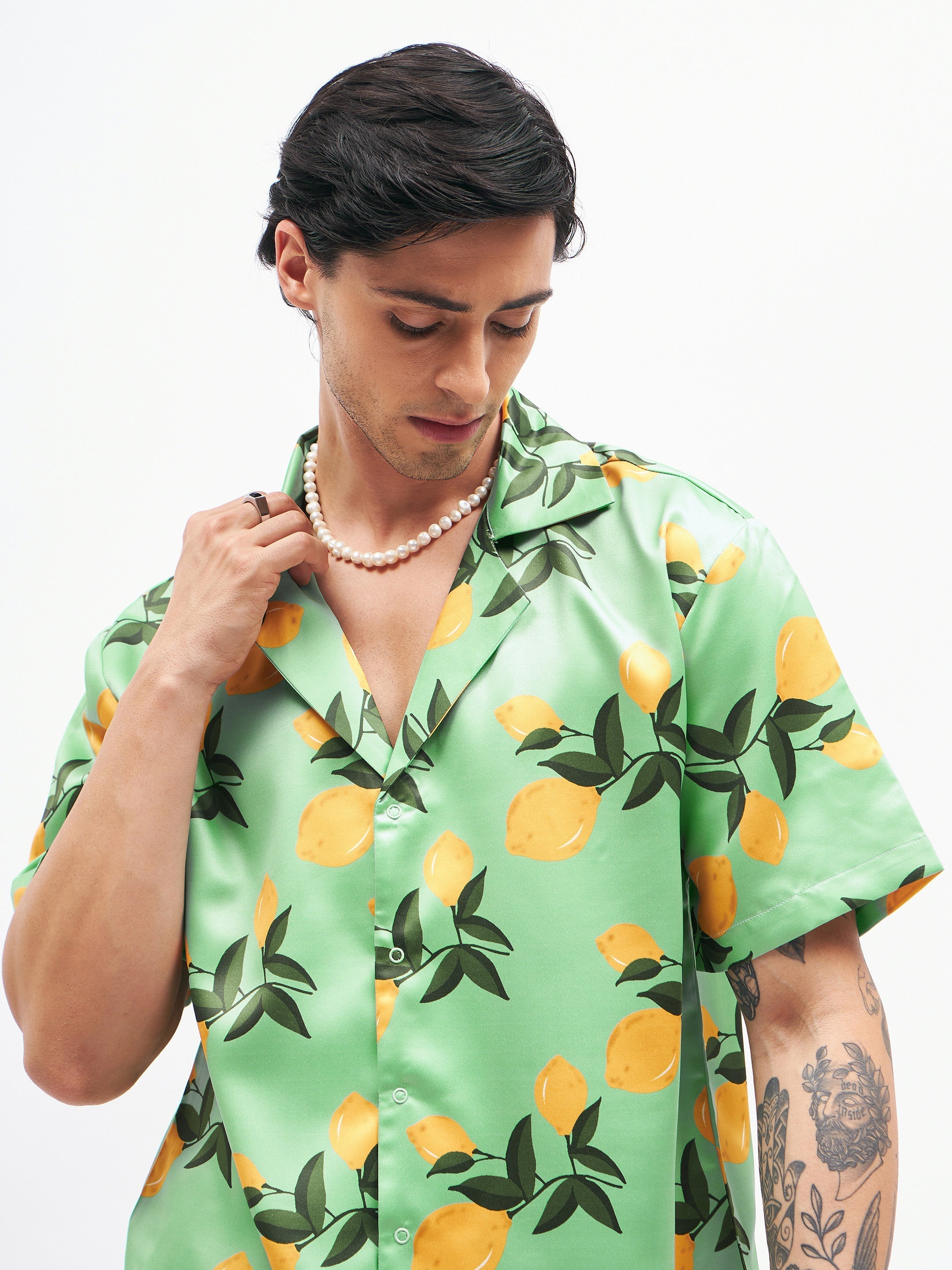Men Green Tropical Short Sleeves Satin Shirt-MSSHRT20185
