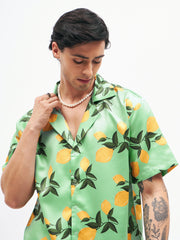 Men Green Tropical Short Sleeves Satin Shirt-MSSHRT20185