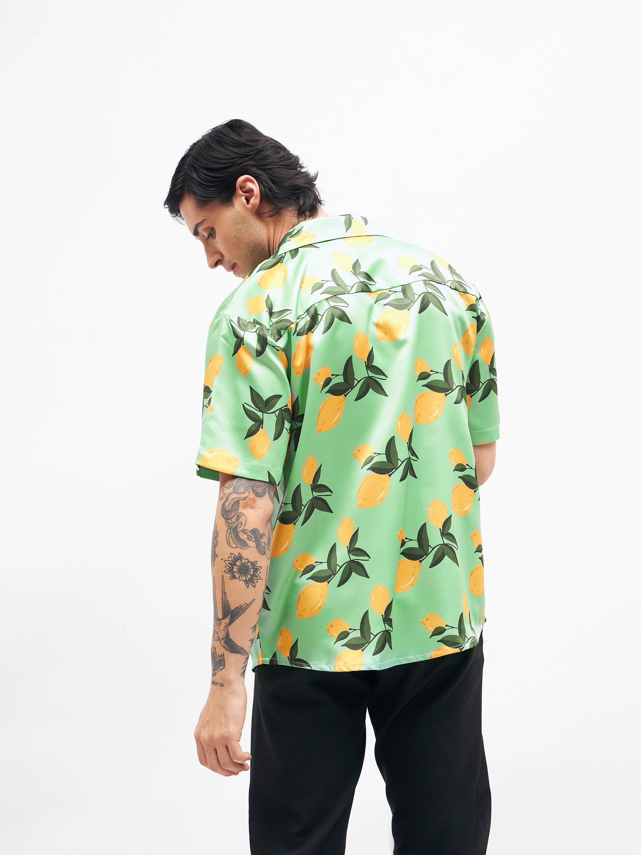 Men Green Tropical Short Sleeves Satin Shirt-MSSHRT20185