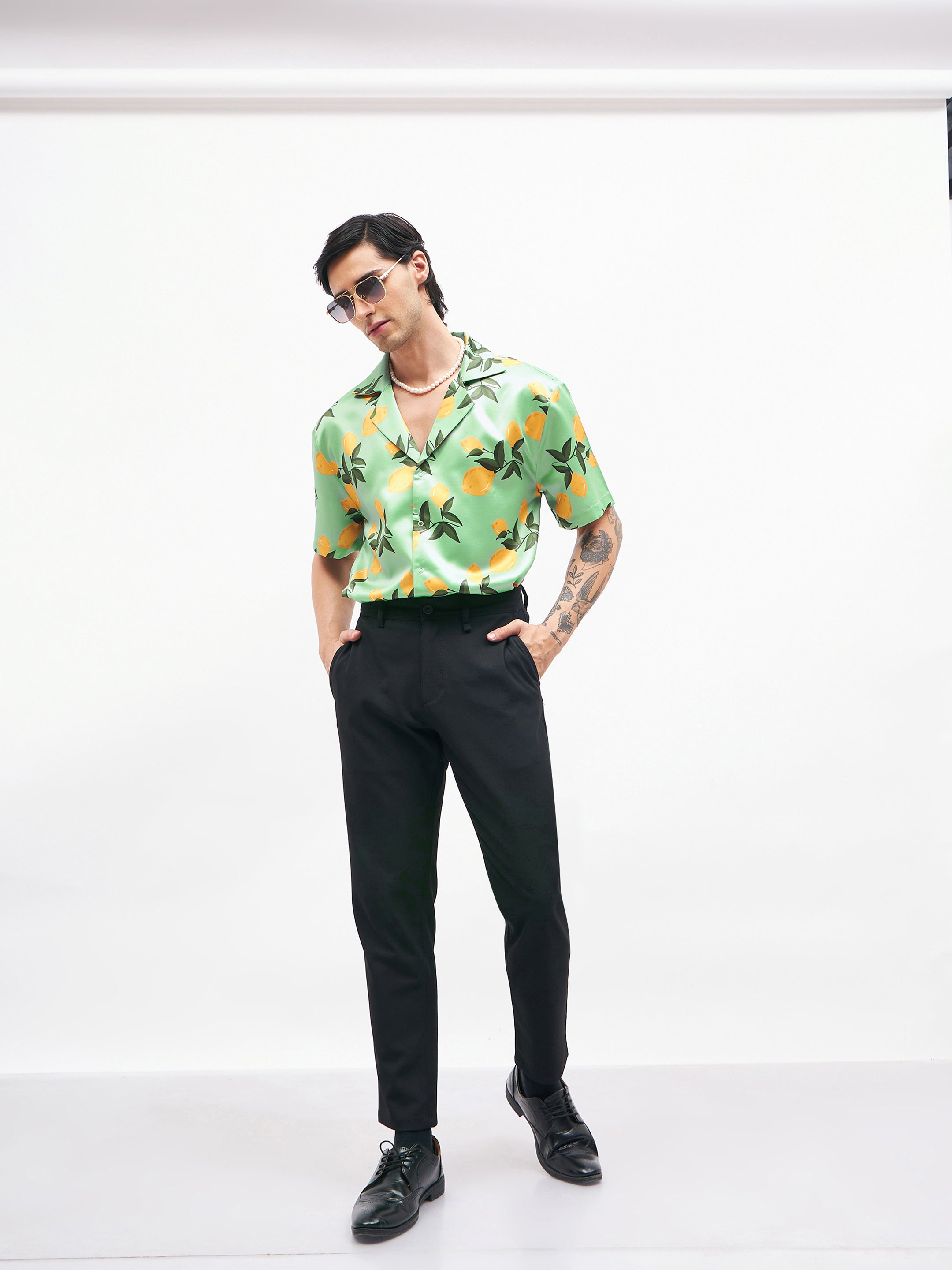 Men Green Tropical Short Sleeves Satin Shirt-MSSHRT20185