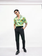 Men Green Tropical Short Sleeves Satin Shirt-MSSHRT20185