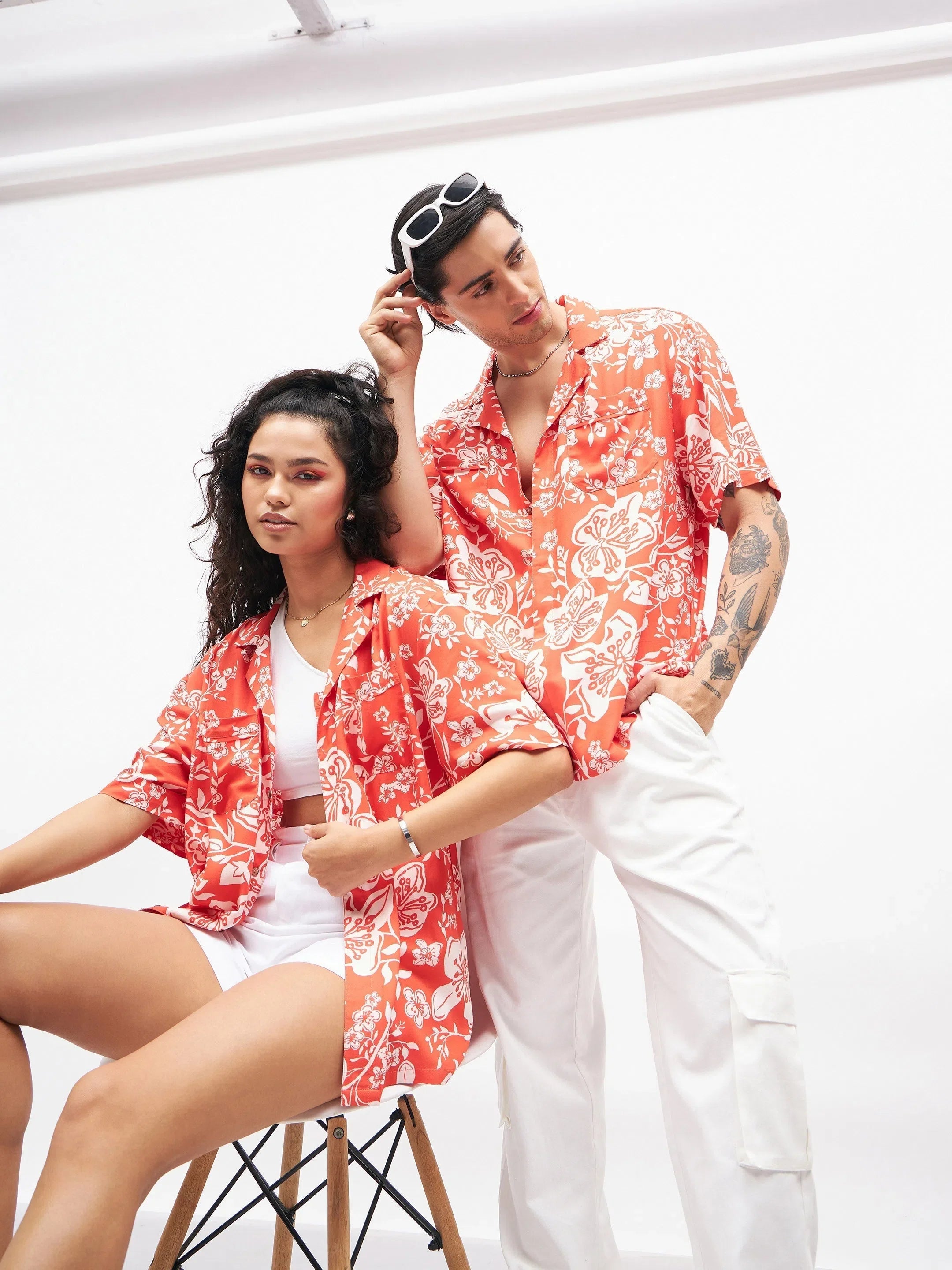 Unisex Orange Tropical Shirt | Short Sleeves & Festive Lehenga