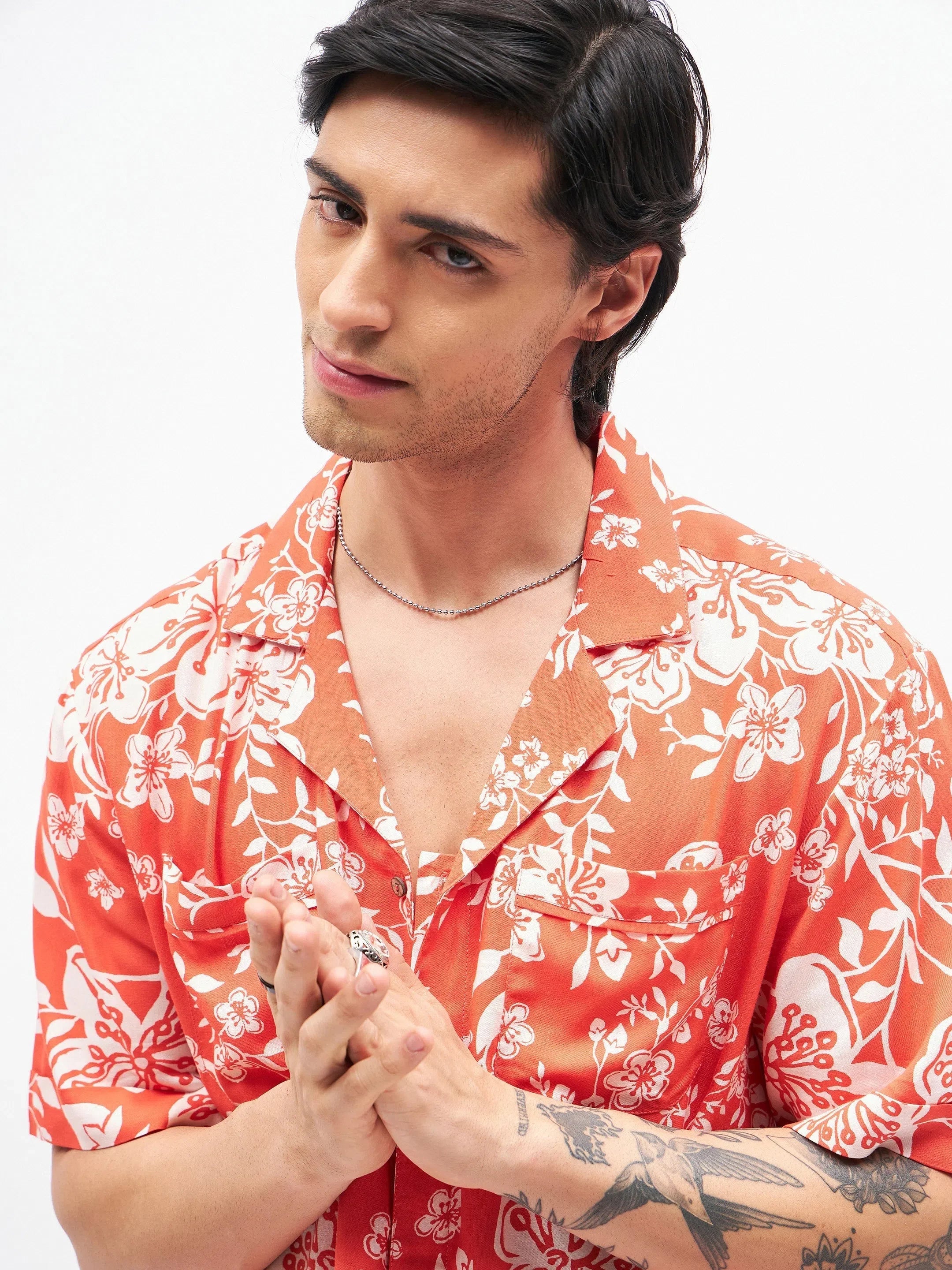 Unisex Orange Tropical Shirt | Short Sleeves & Festive Lehenga