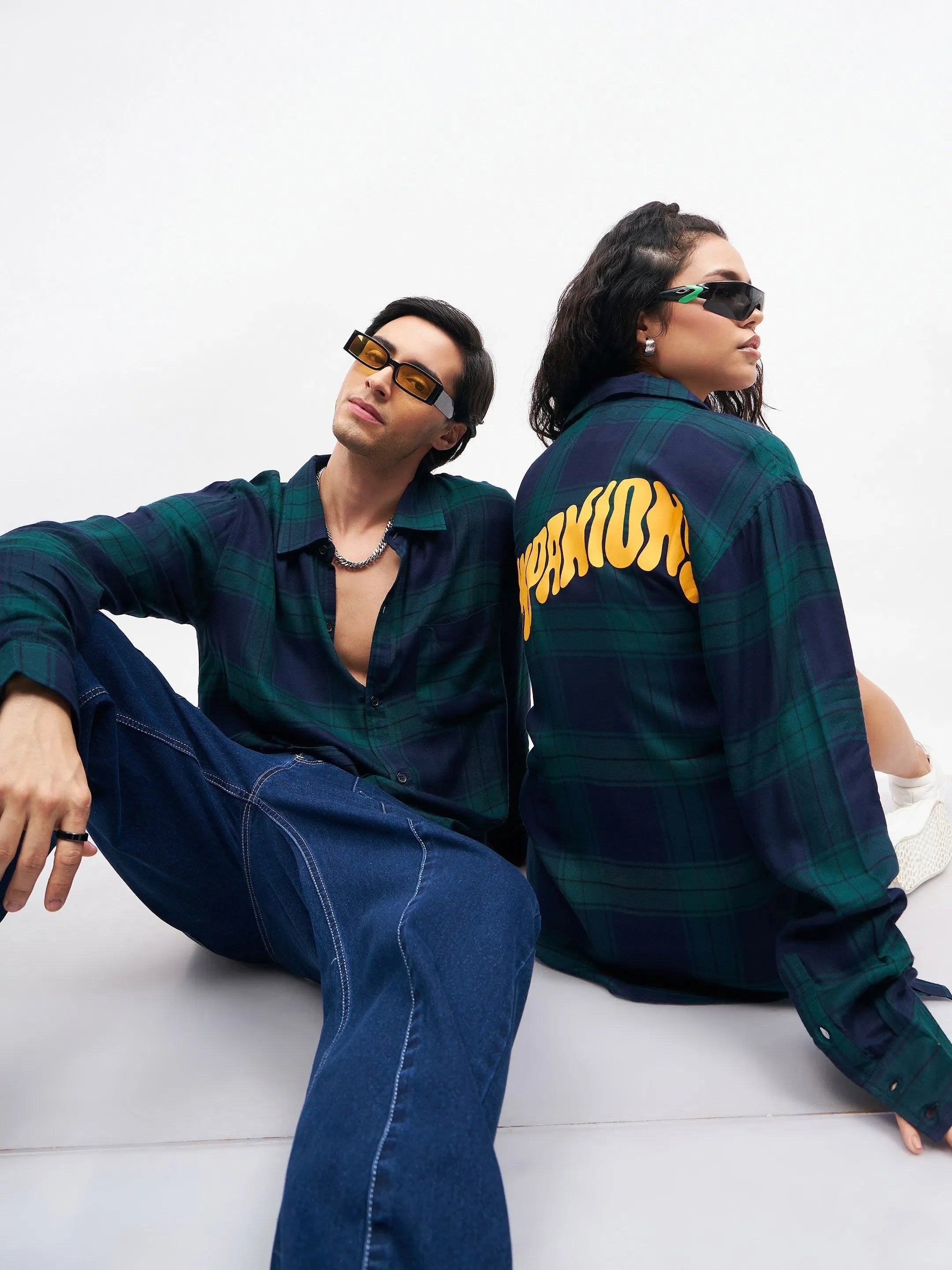 Navy Check Oversized Shirt | Unisex Rayon Ethnic Lehenga Look