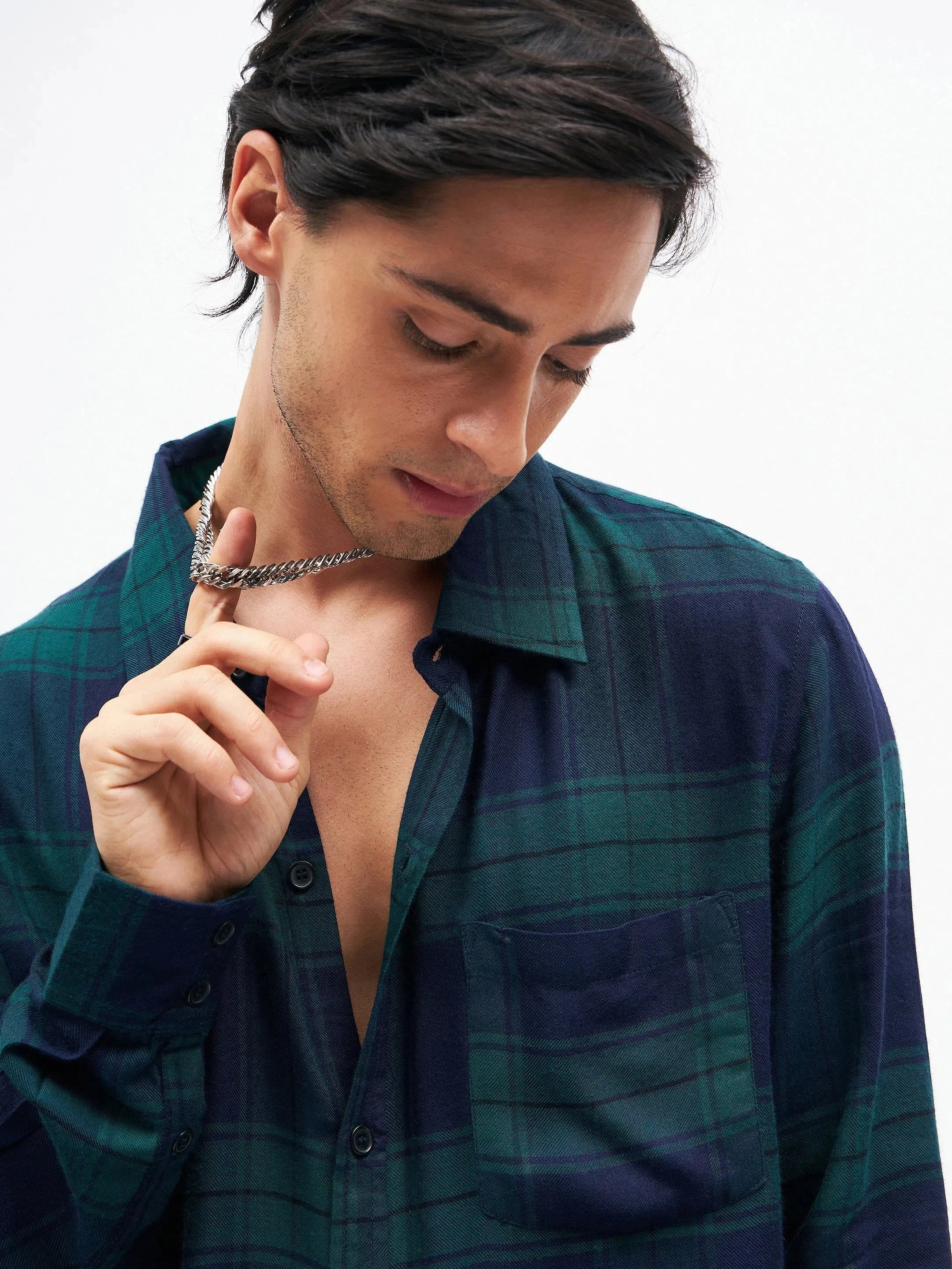 Navy Check Oversized Shirt | Unisex Rayon Ethnic Lehenga Look