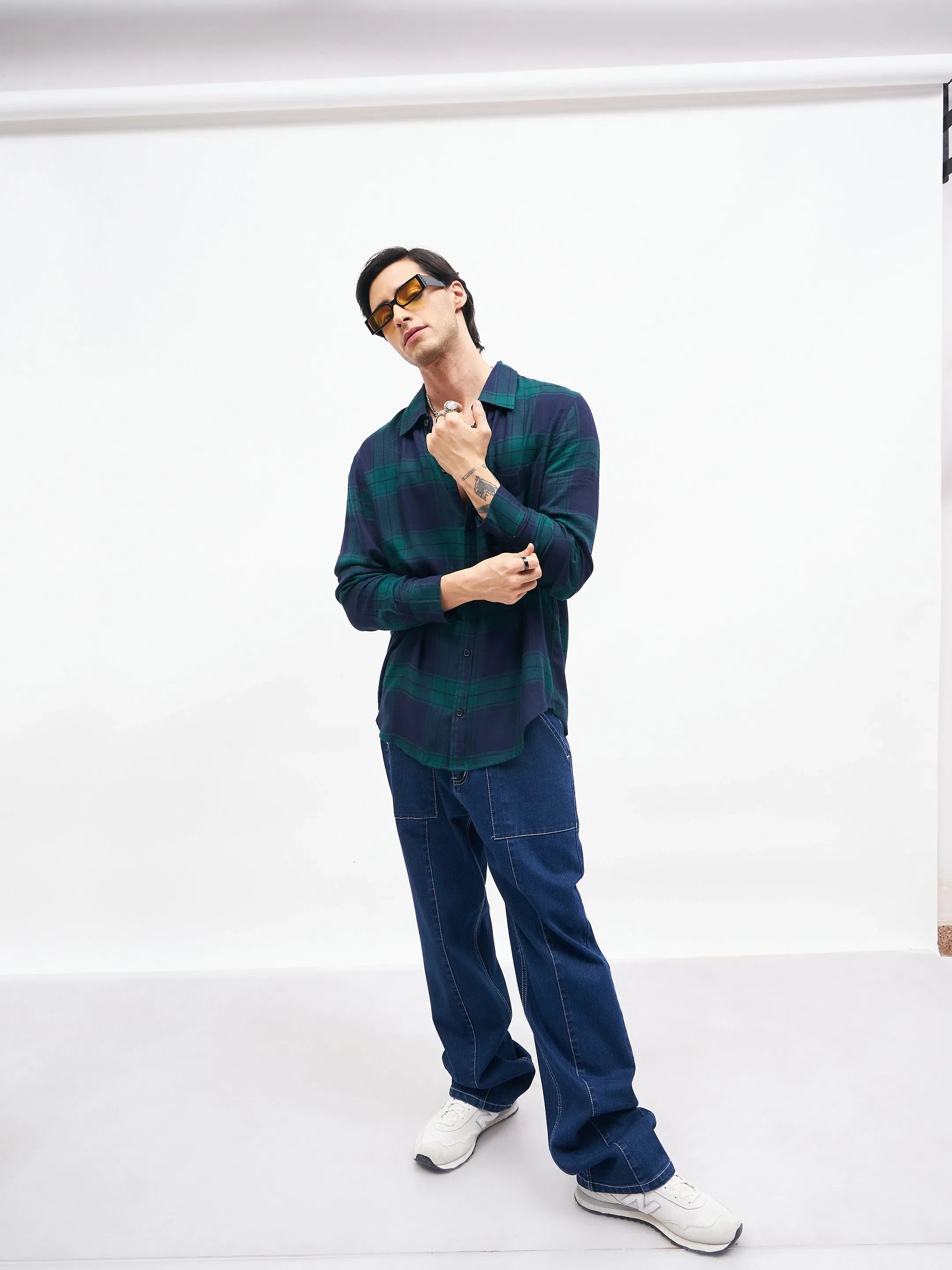 Navy Check Oversized Shirt | Unisex Rayon Ethnic Lehenga Look