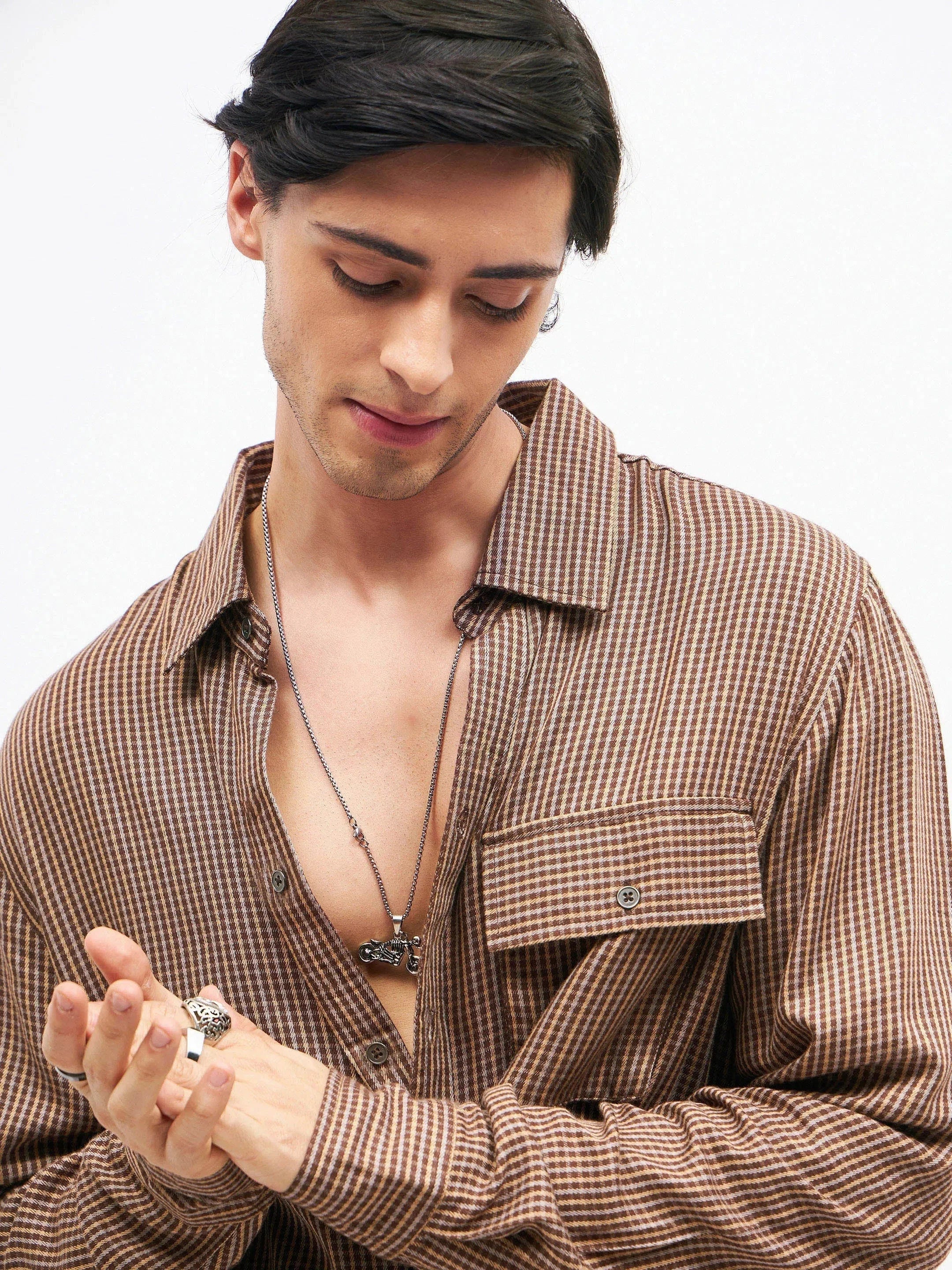 Brown Check Oversized Shirt | Unisex Casual Ethnic Lehenga Style