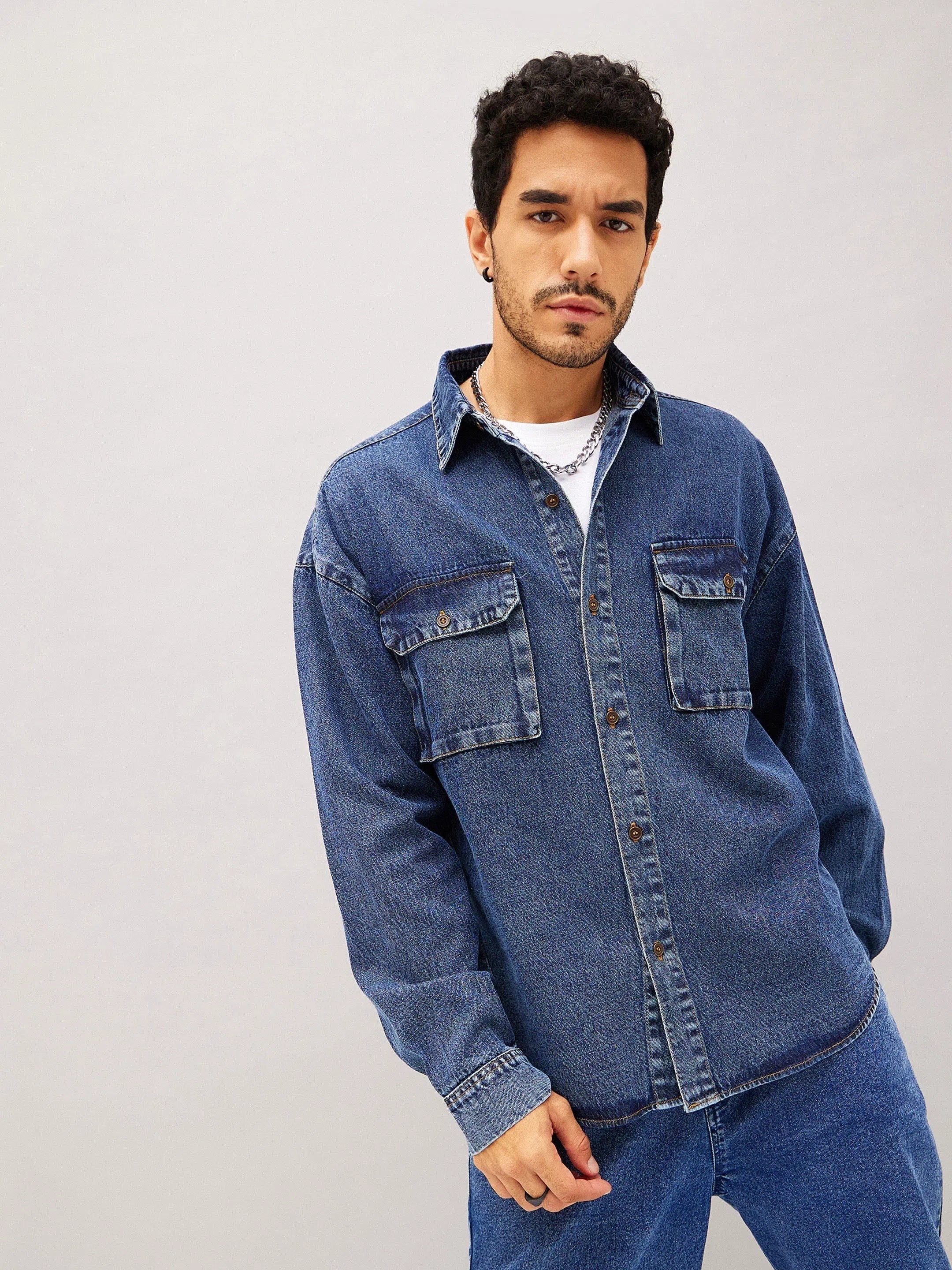 Men's Blue Denim Oversized Shirt - Comfortable Cotton Shirt