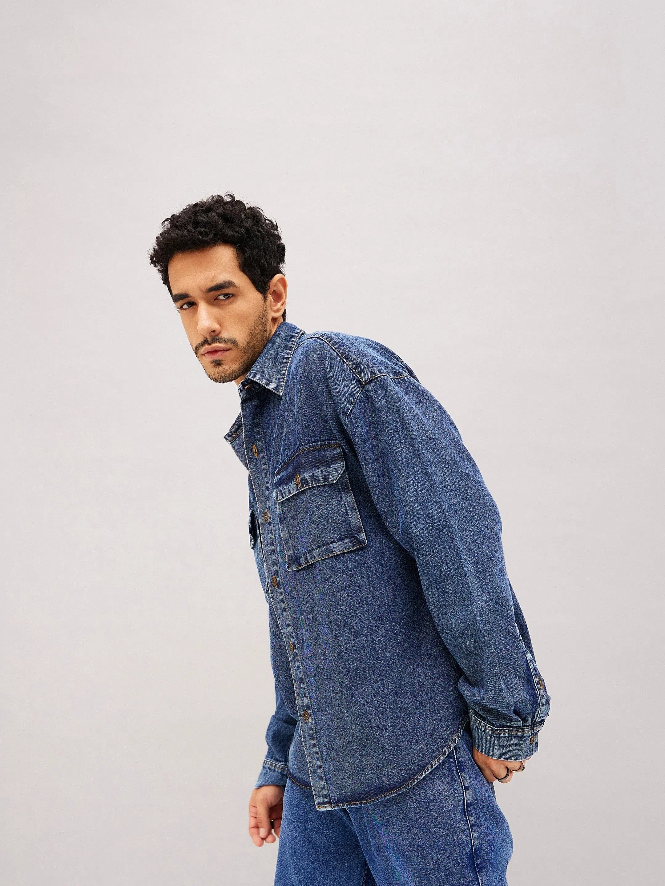 Men's Blue Denim Oversized Shirt - Comfortable Cotton Shirt