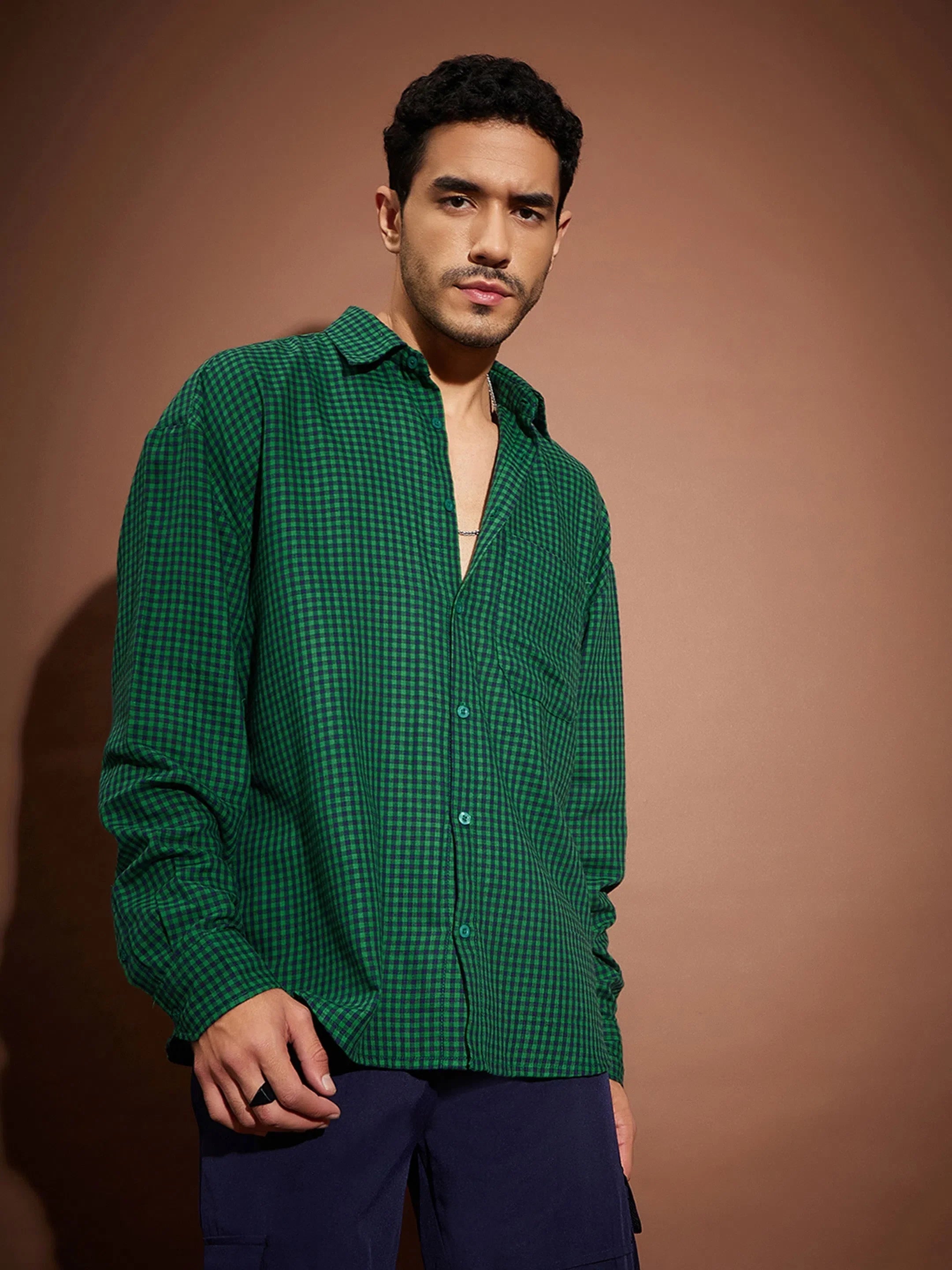 Green & Navy Check Cotton Oversized Shirt | Mens Shirt
