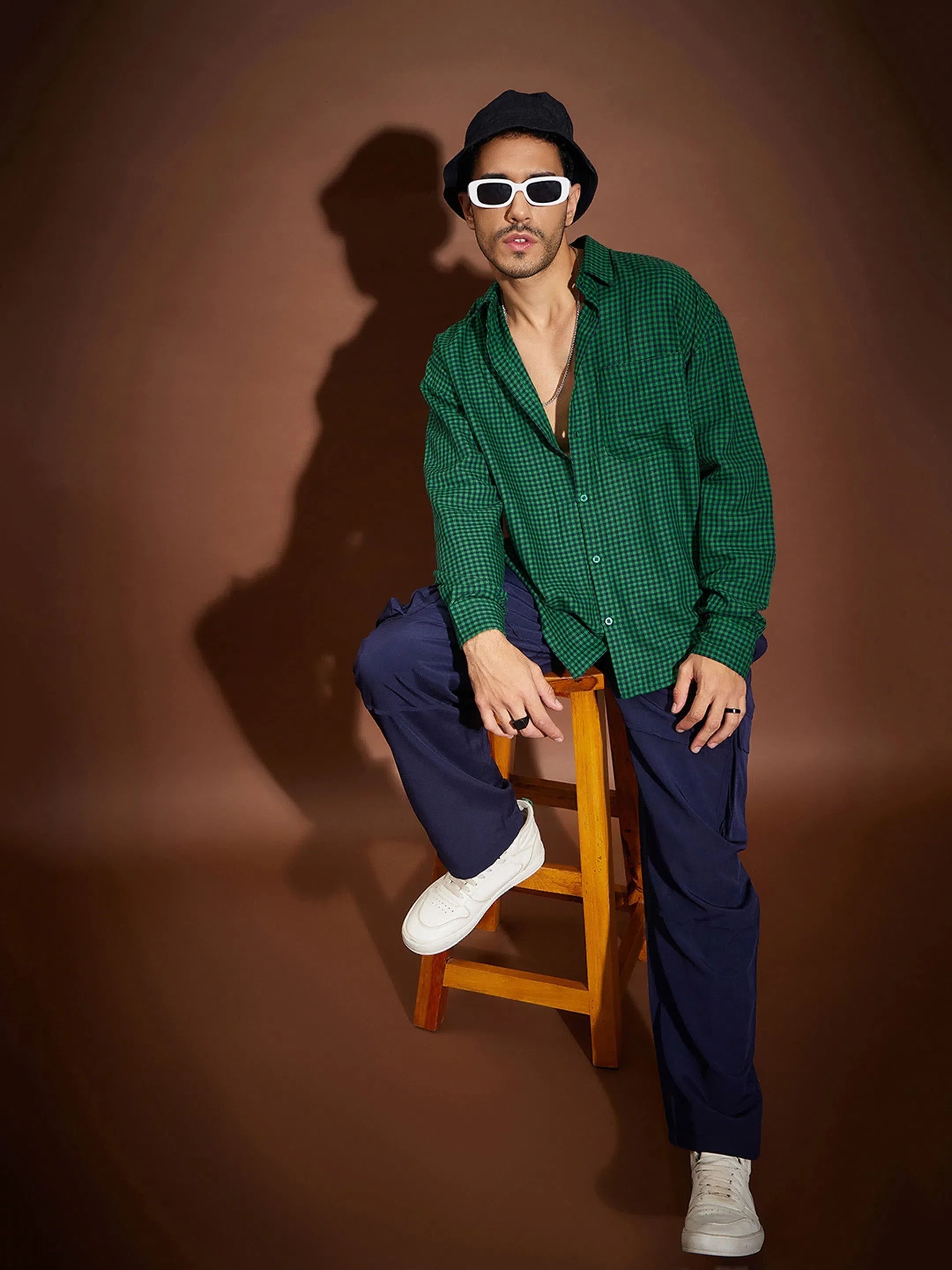 Green & Navy Check Cotton Oversized Shirt | Mens Shirt