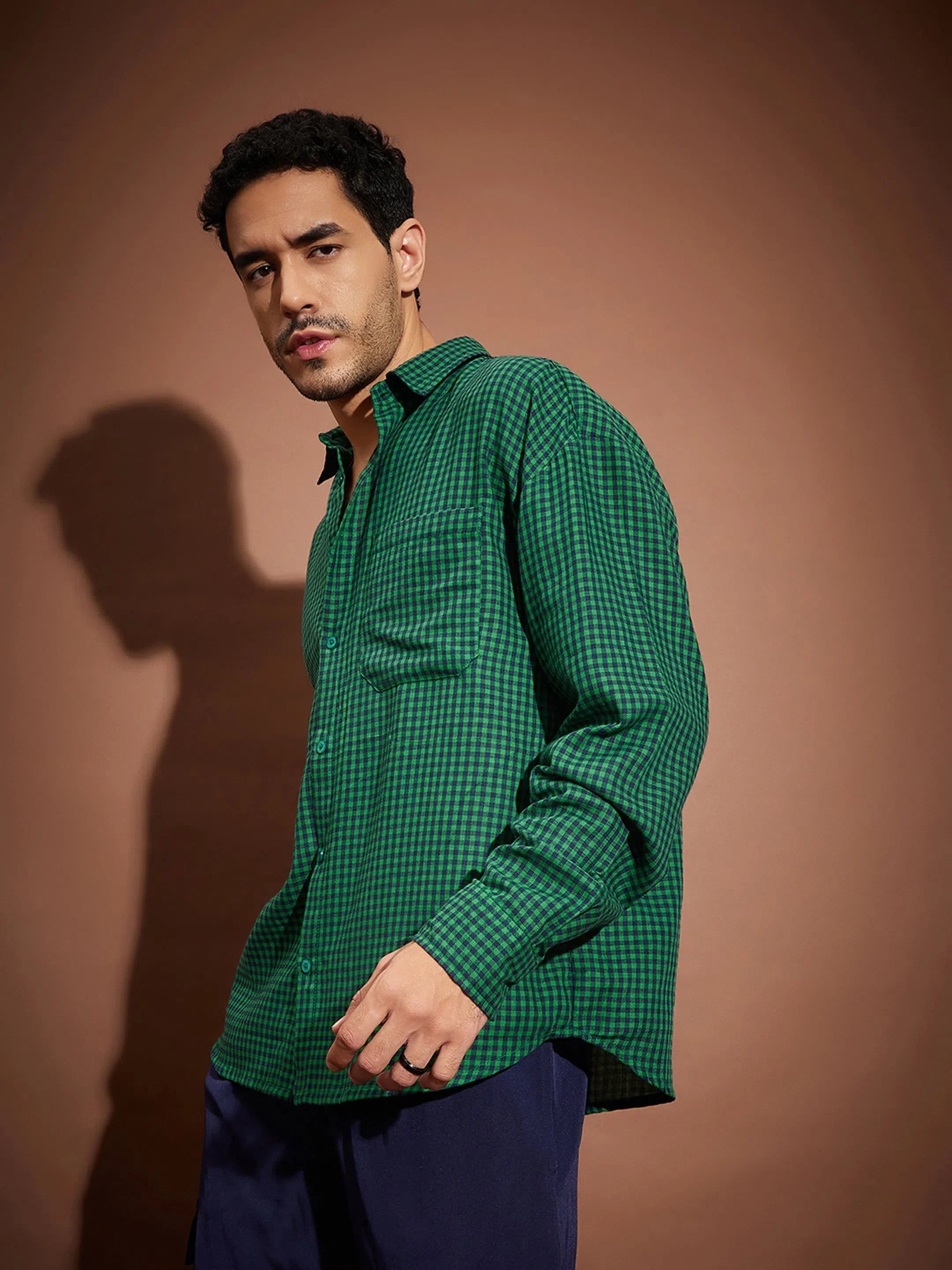 Green & Navy Check Cotton Oversized Shirt | Mens Shirt