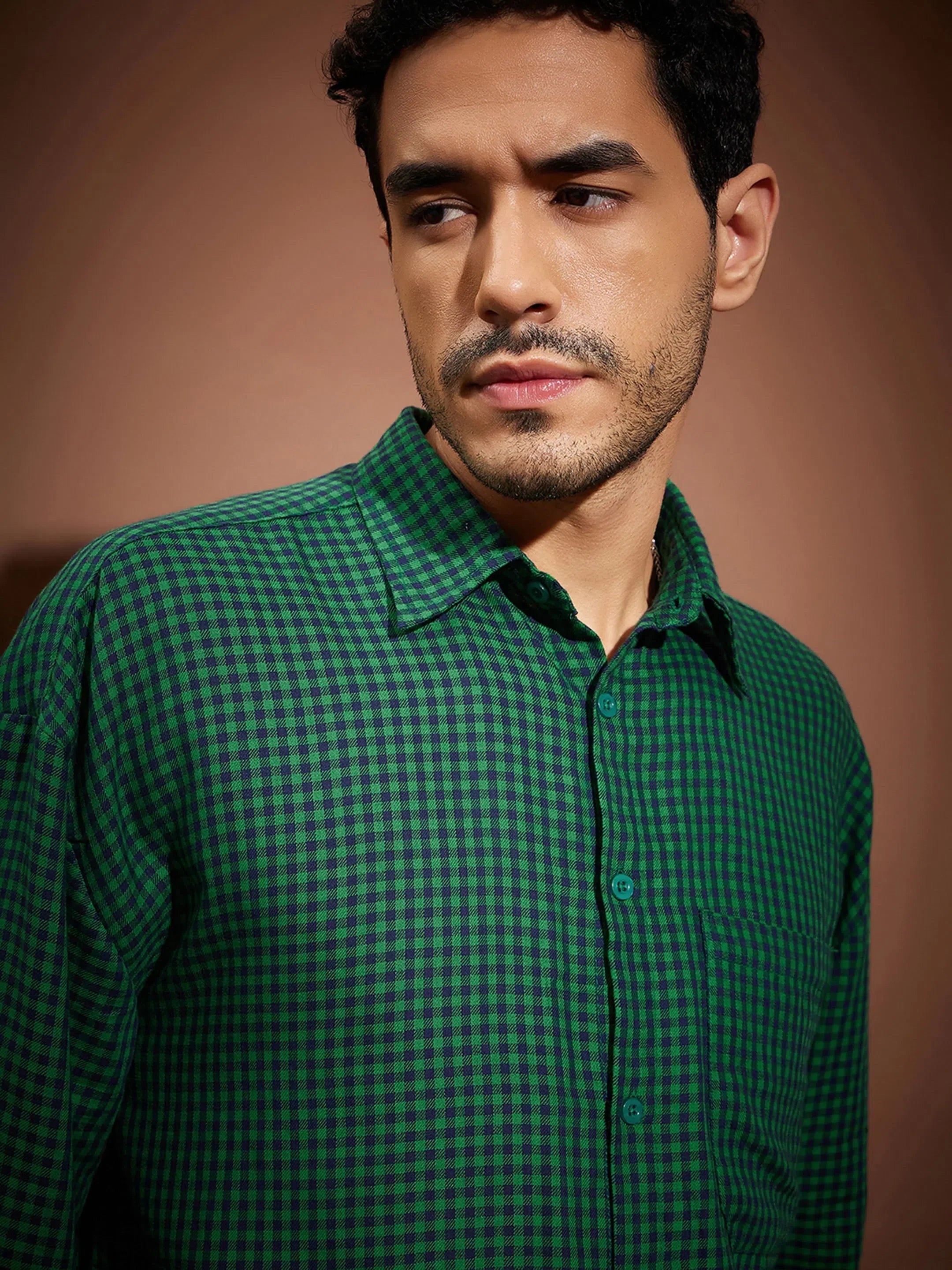 Green & Navy Check Cotton Oversized Shirt | Mens Shirt