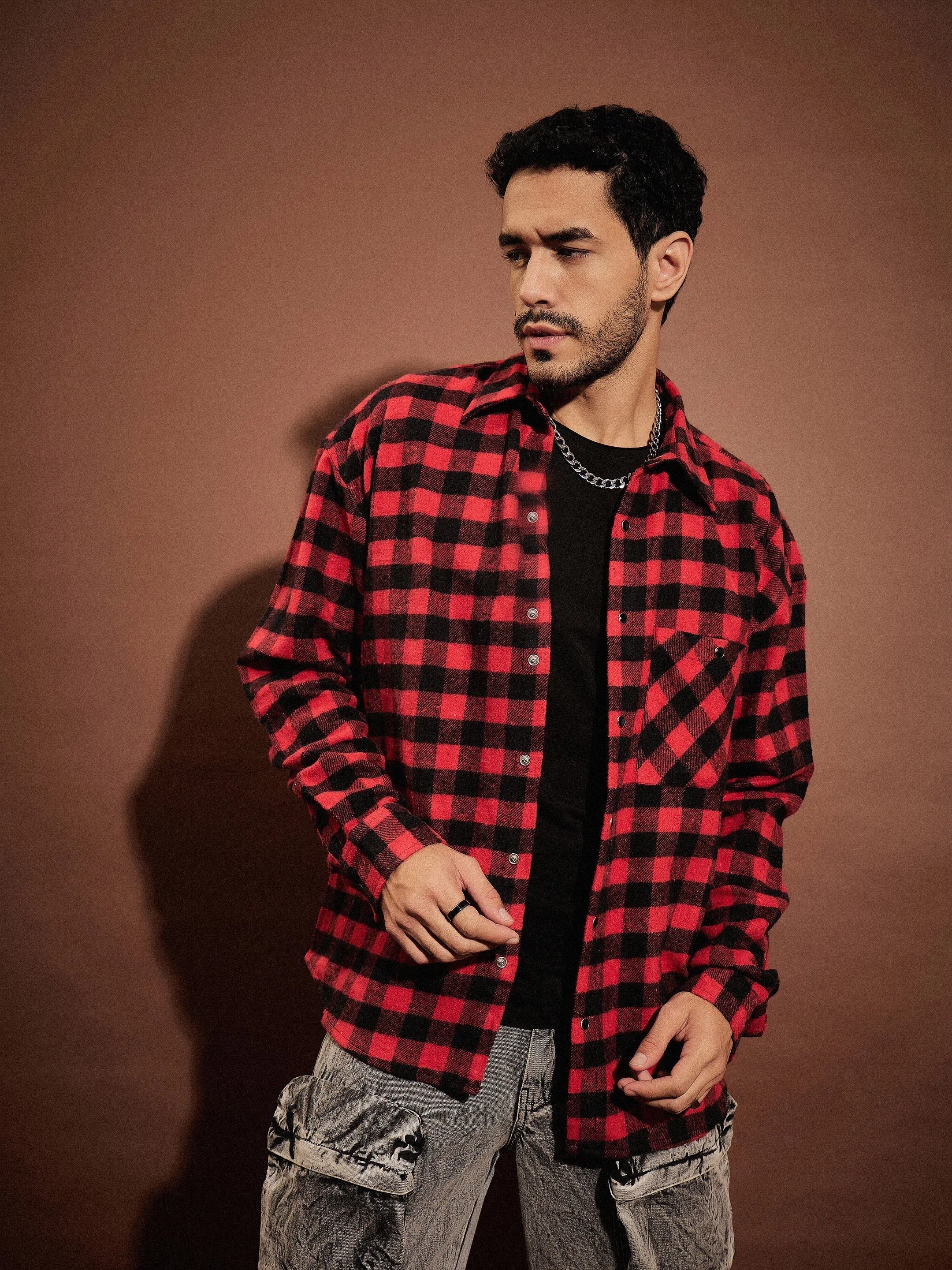 Red & Black Check Oversized Mens Shirt | Cotton Shirt