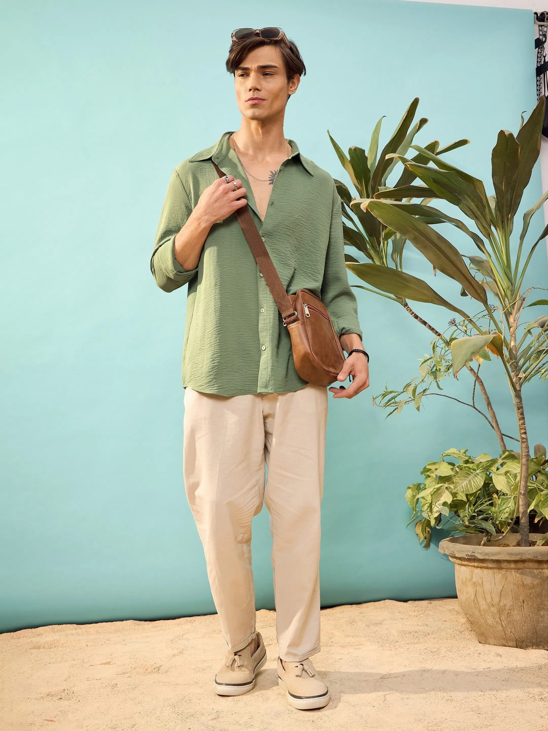 Men's Olive Relax Fit Shirt | Casual Cotton Shirt