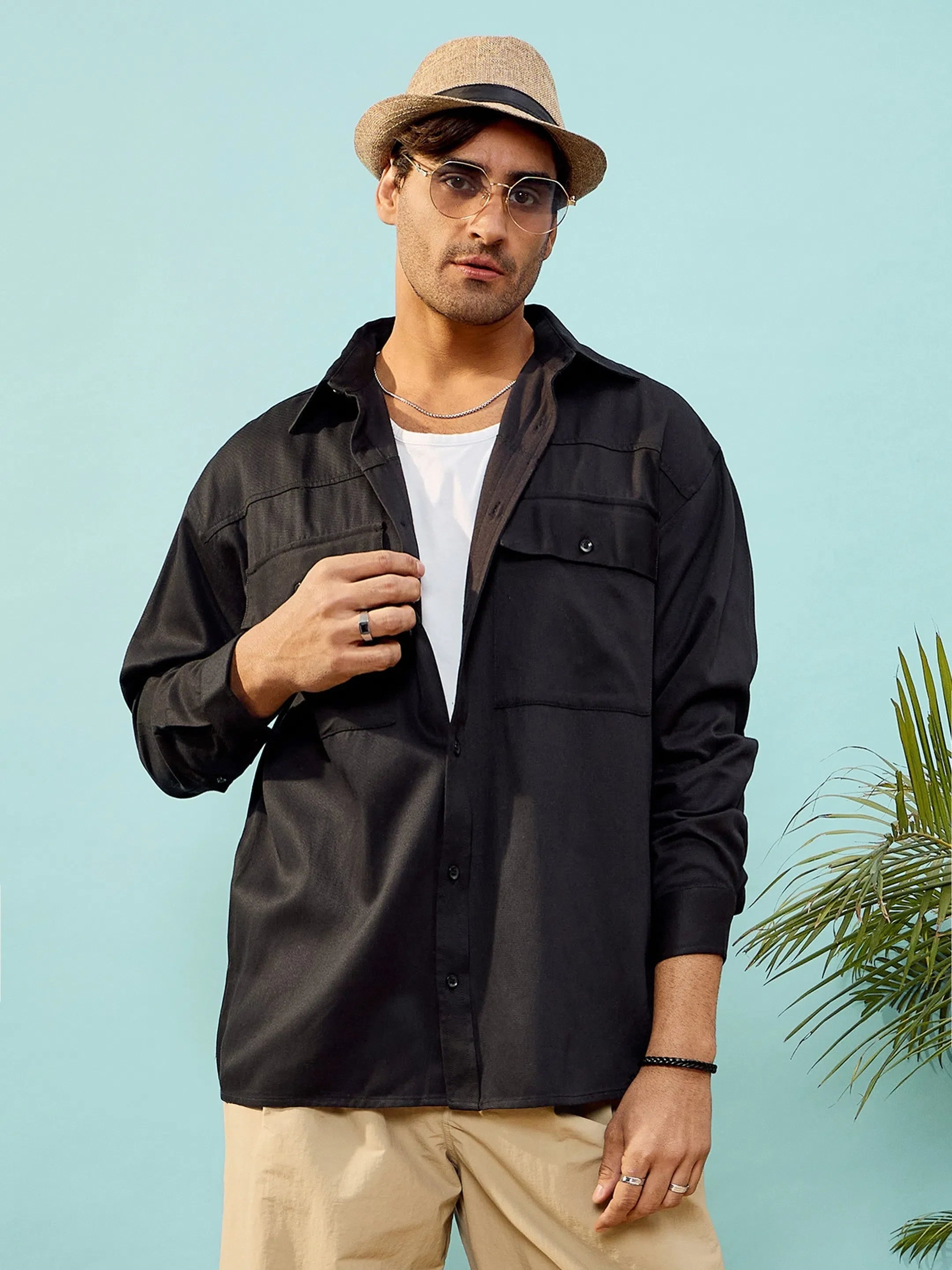 Black Twill Utility Pocket Oversize Cotton Mens Shirt