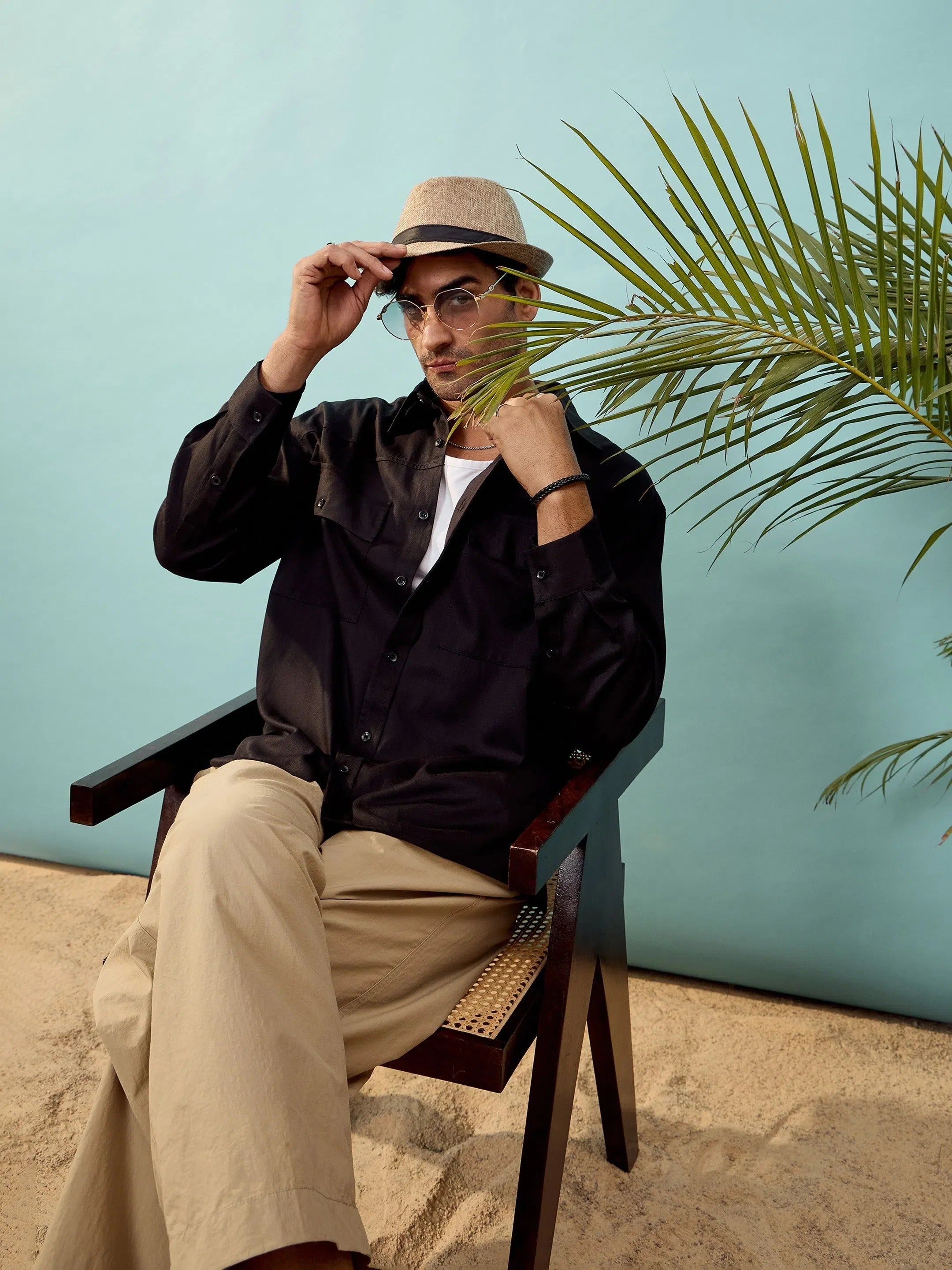 Black Twill Utility Pocket Oversize Cotton Mens Shirt