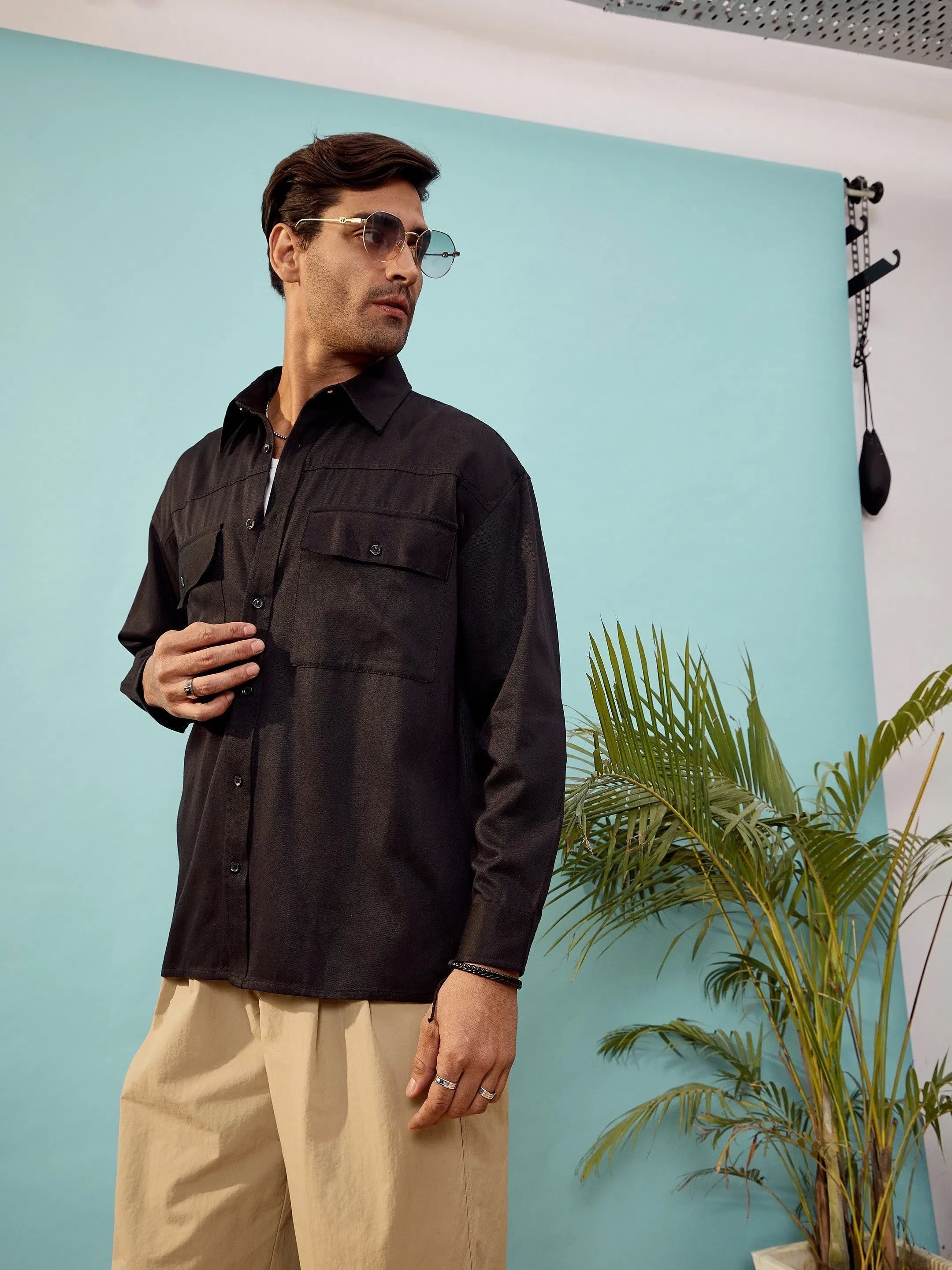 Black Twill Utility Pocket Oversize Cotton Mens Shirt