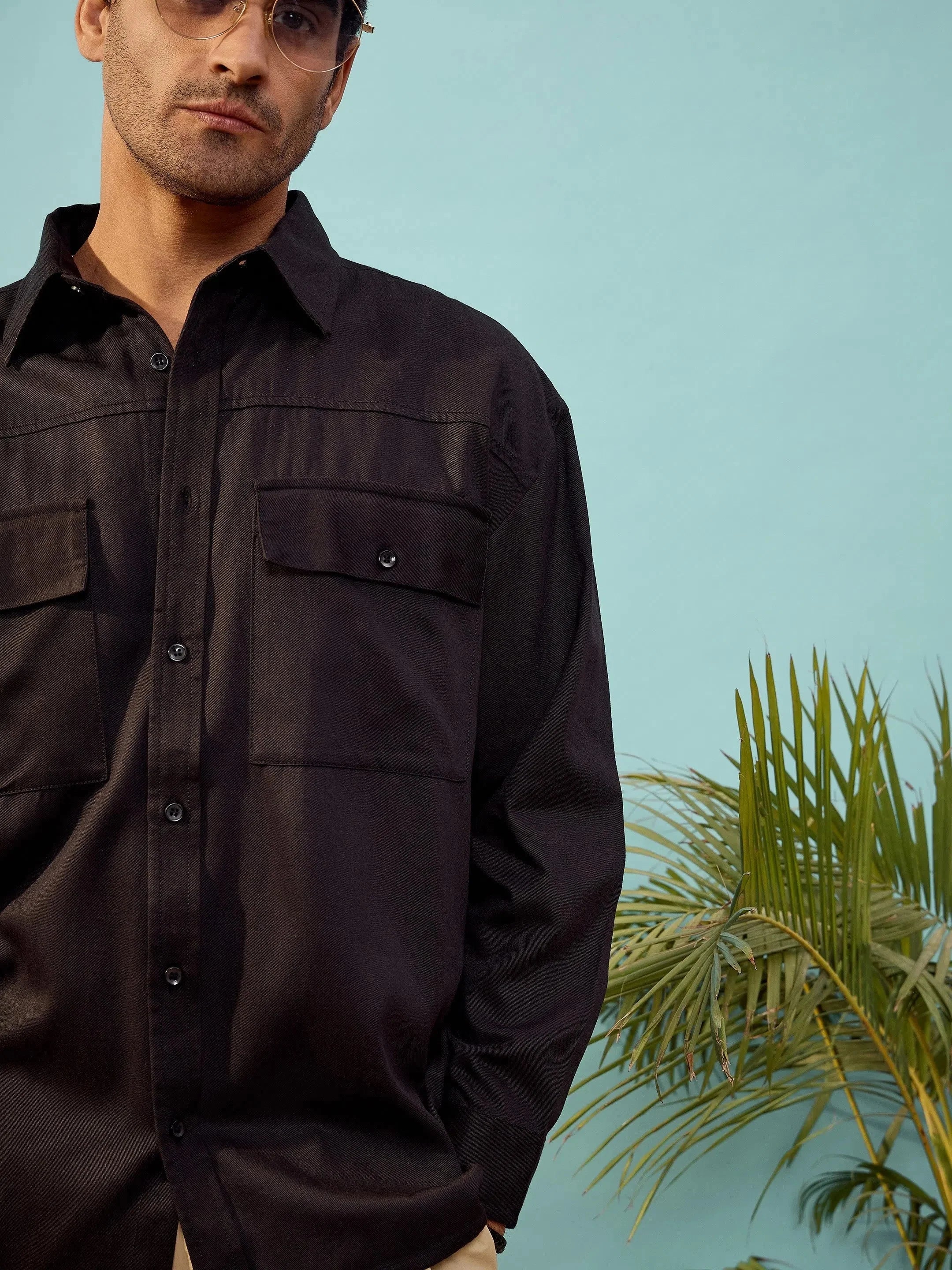 Black Twill Utility Pocket Oversize Cotton Mens Shirt