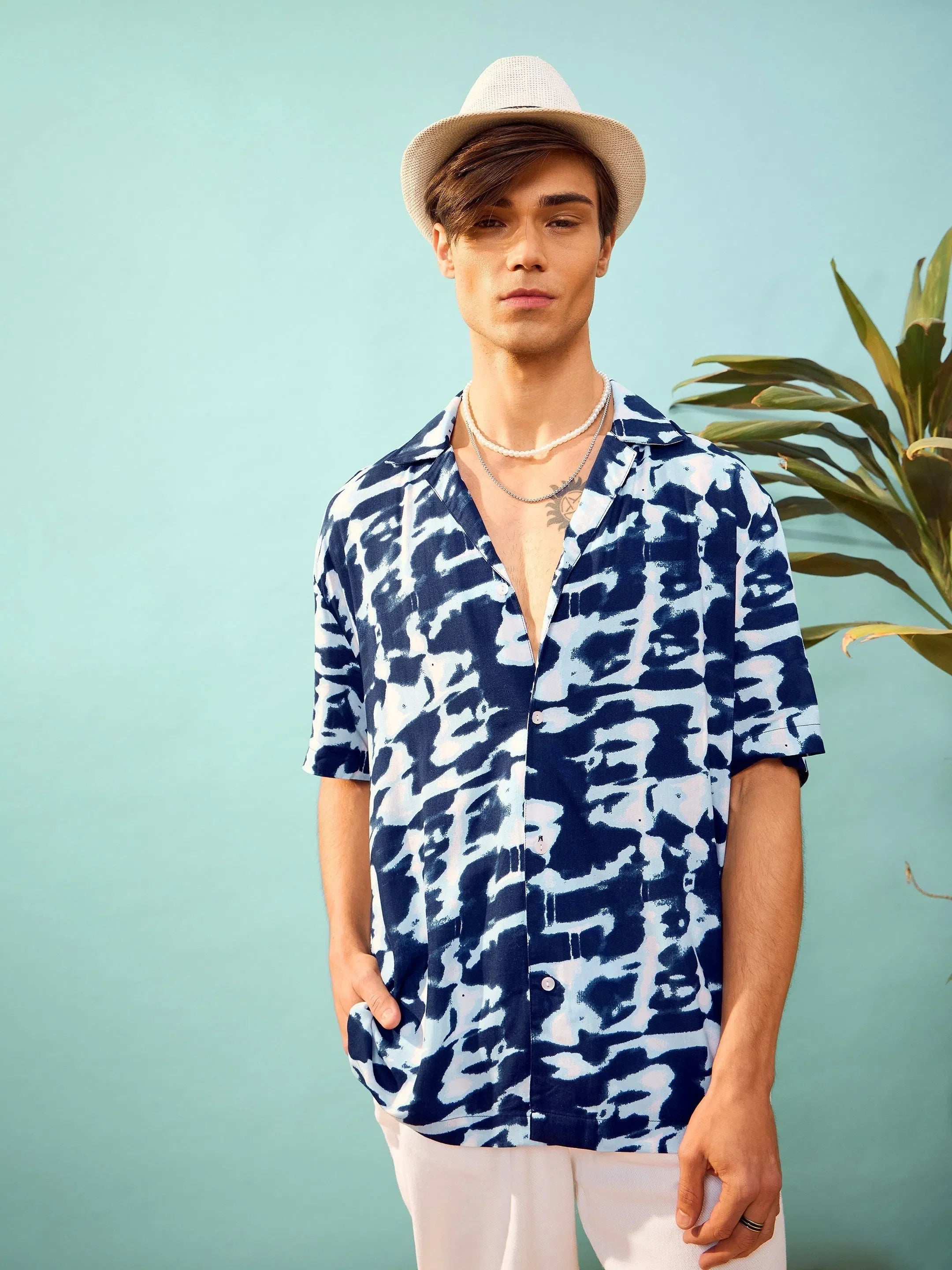Navy & White Abstract Print Relax Fit Mens Shirt